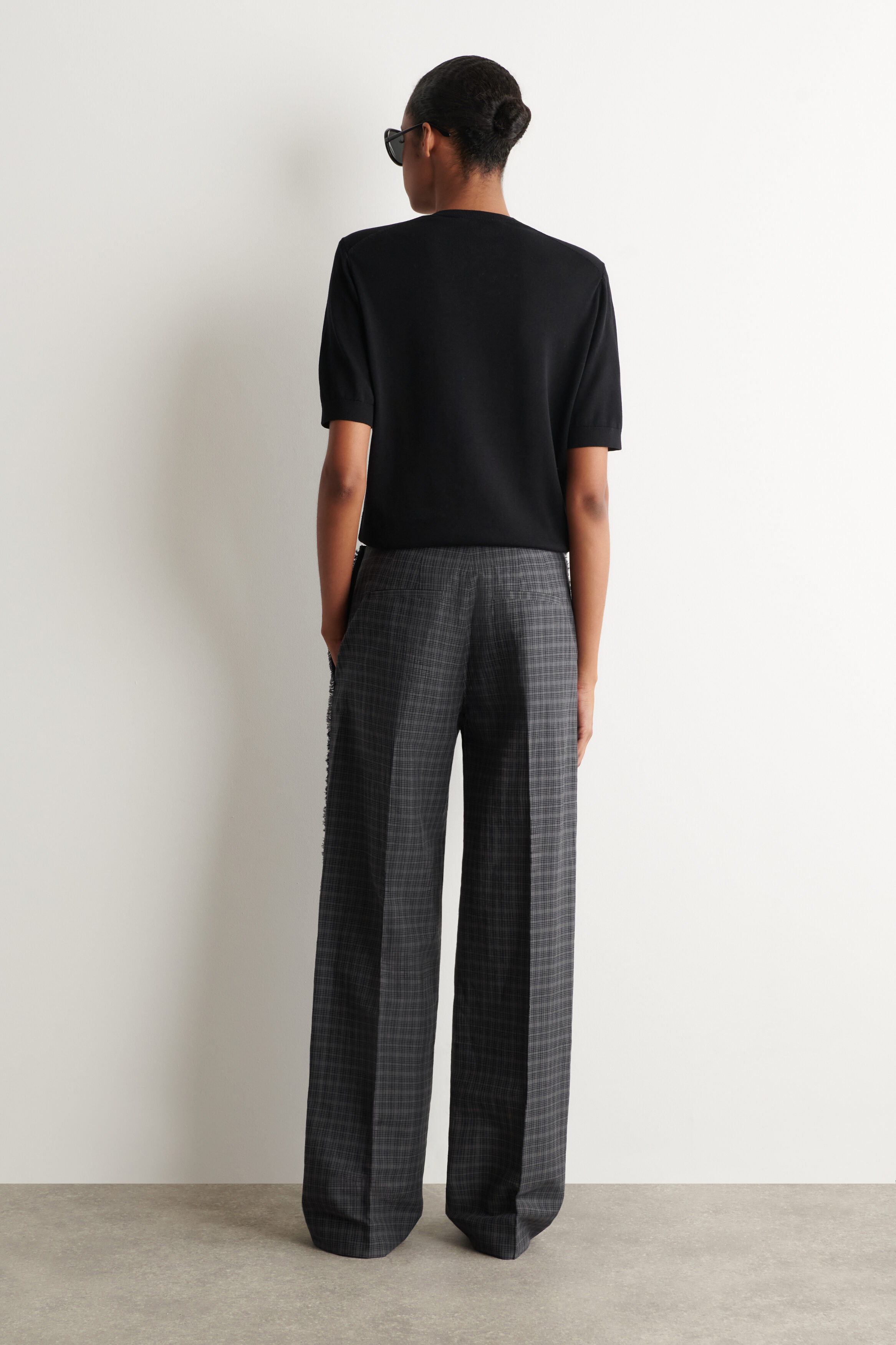 FRINGED CHECKED LINEN-COTTON PANTS - GRAY / BROWN / CHECKED