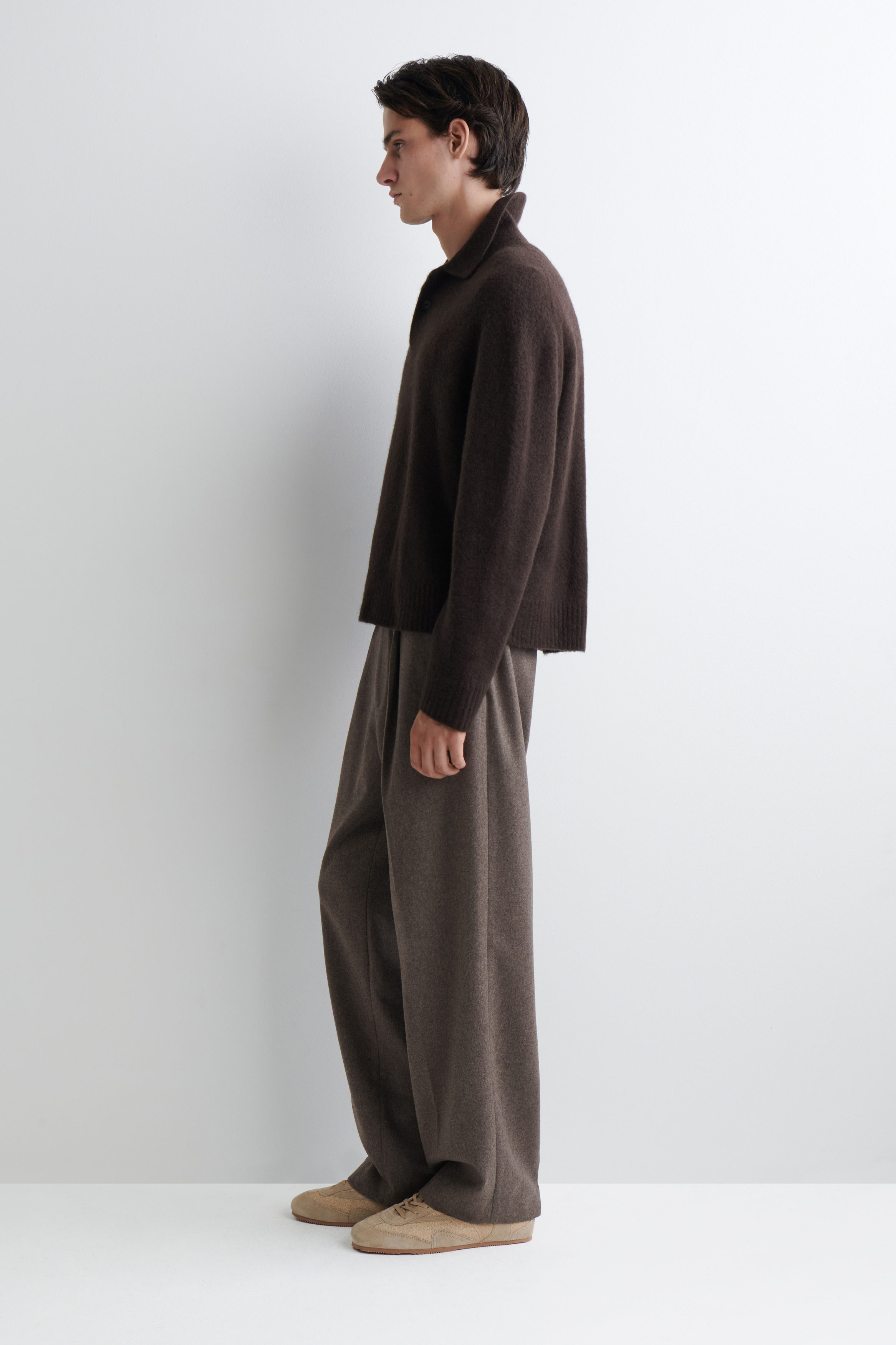 BRUSHED-WOOL POLO SHIRT - DARK BROWN