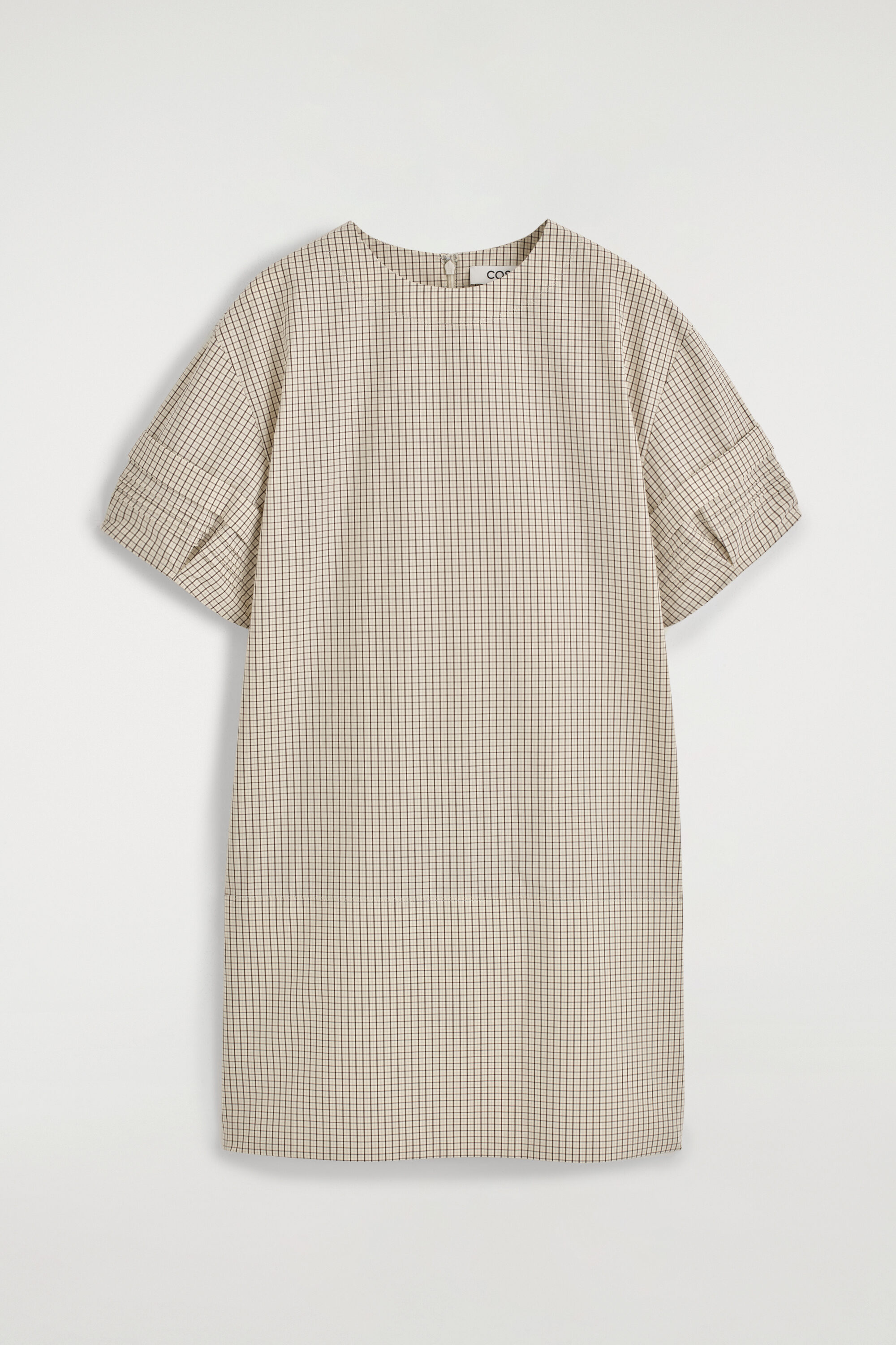 PINTUCKED COTTON MINI DRESS - BEIGE / CHECKED