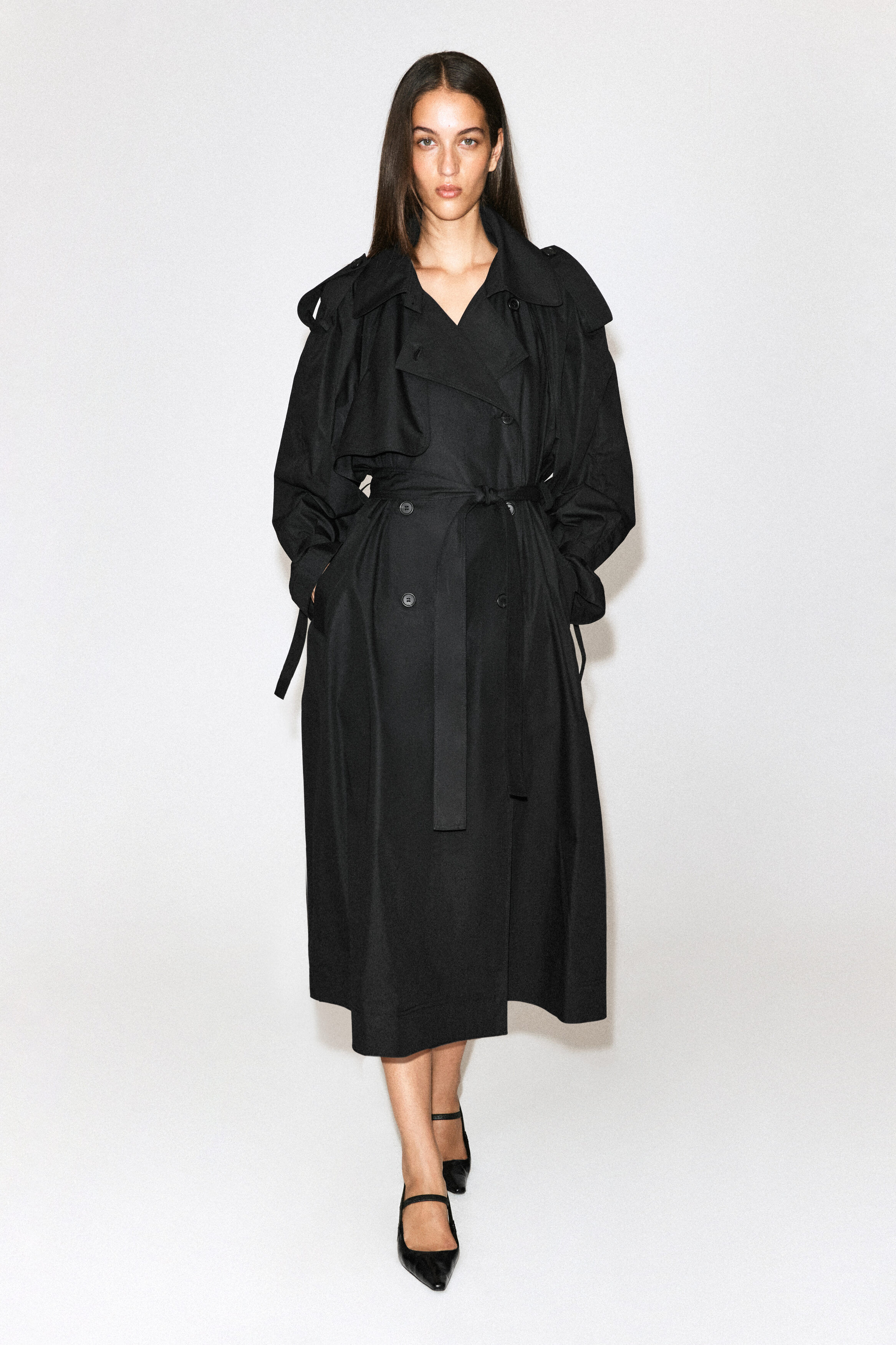 mock-NECK COTTON TRENCH COAT - BLACK