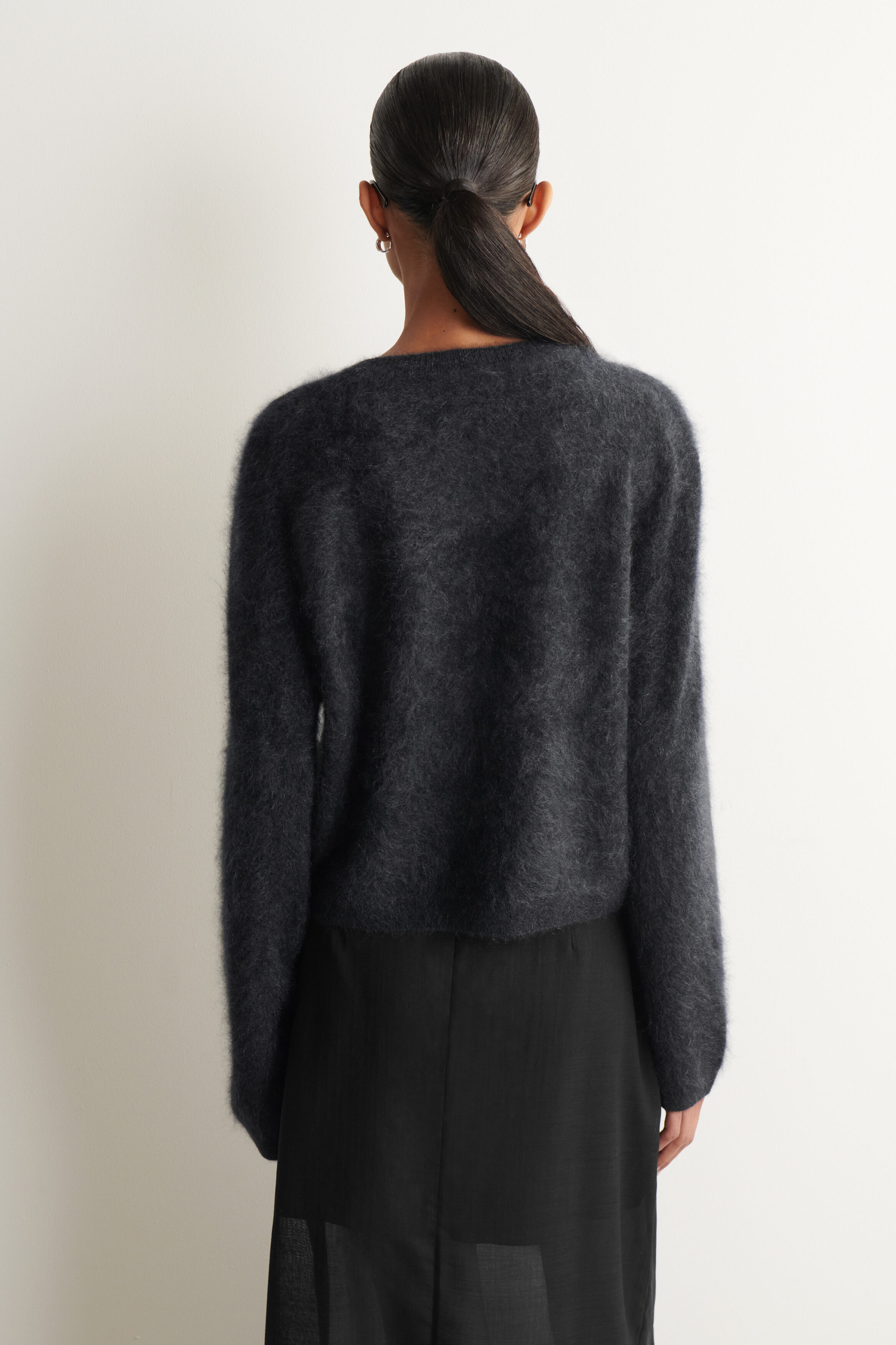BRUSHED-CASHMERE CREW-NECK CARDIGAN - DARK GRAY