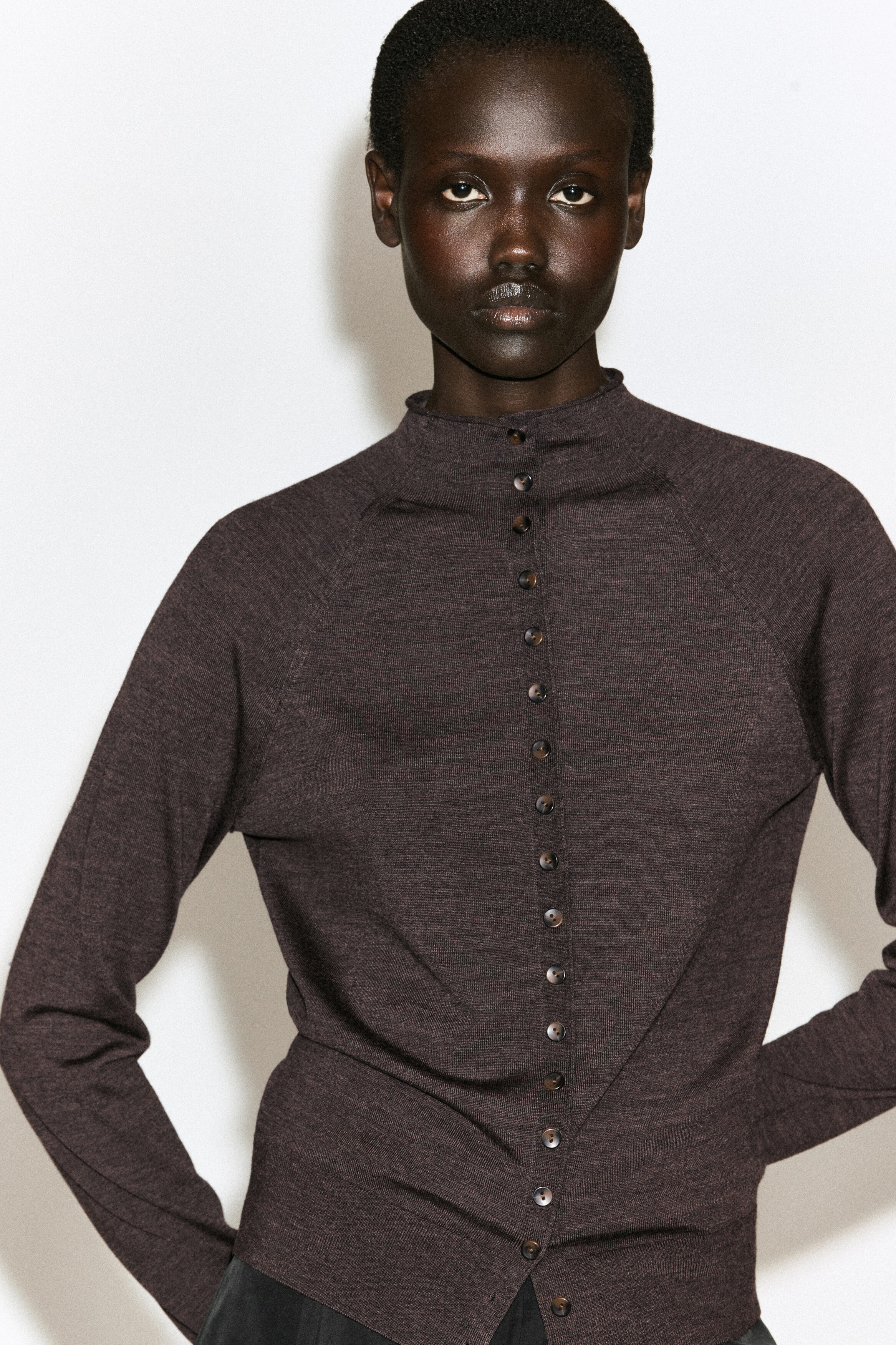 MERINO WOOL MOCK-NECK CARDIGAN - BROWN MÉLANGE