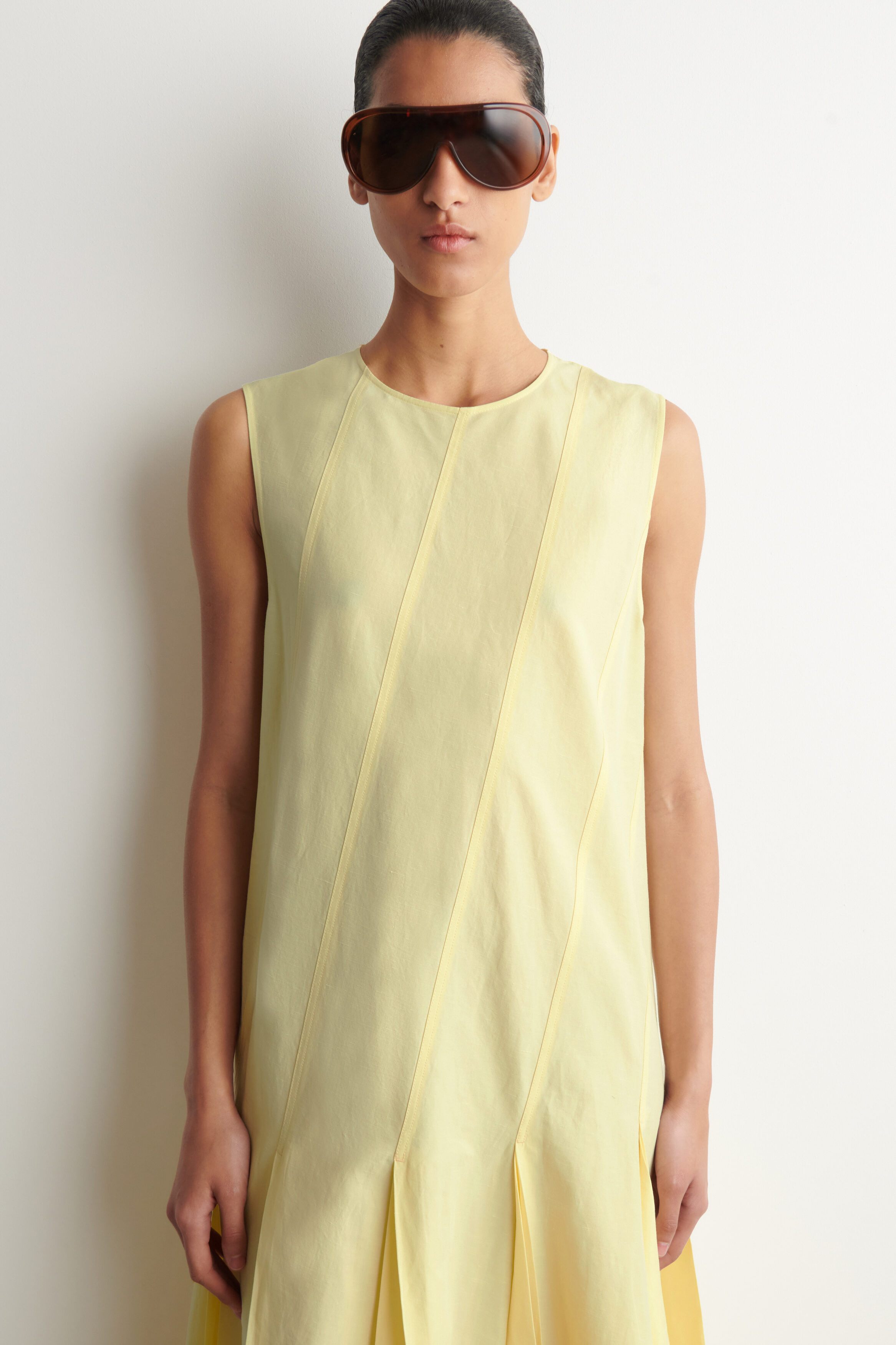 PLEATED COTTON-LINEN MAXI DRESS - YELLOW
