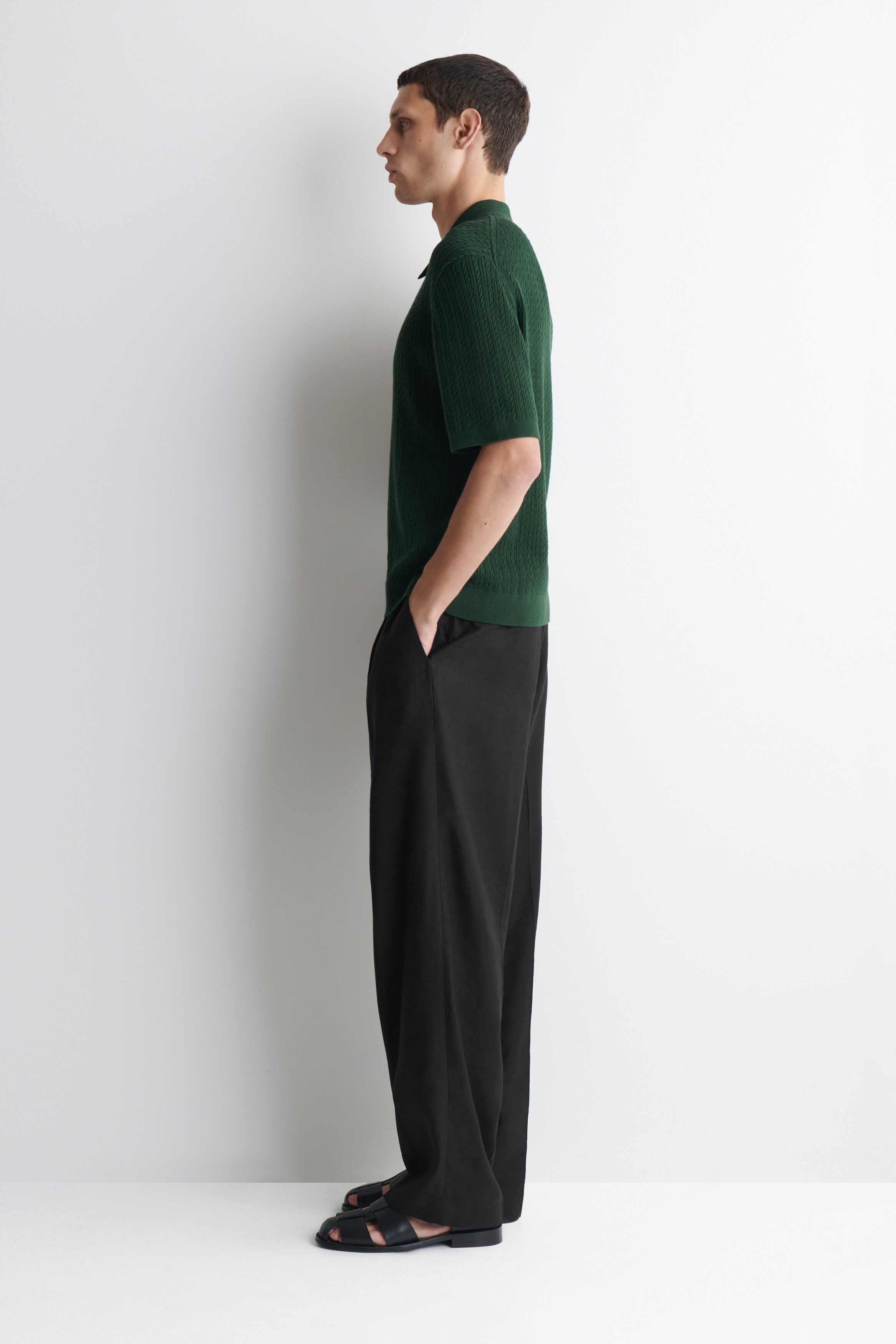 CABLE-KNIT COTTON-LINEN POLO SHIRT - DARK GREEN