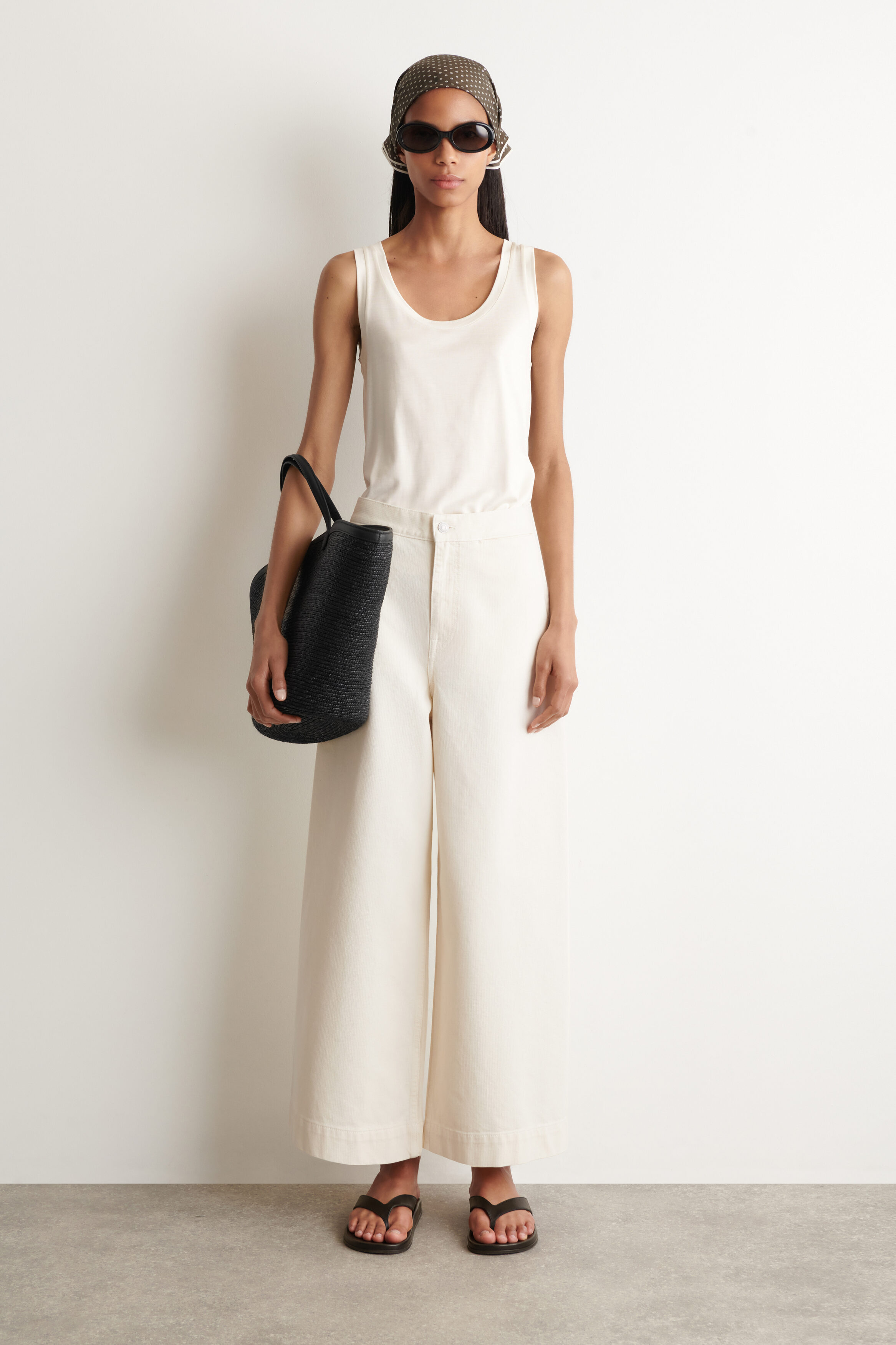 CROPPED WIDE-LEG DENIM PANTS - ECRU
