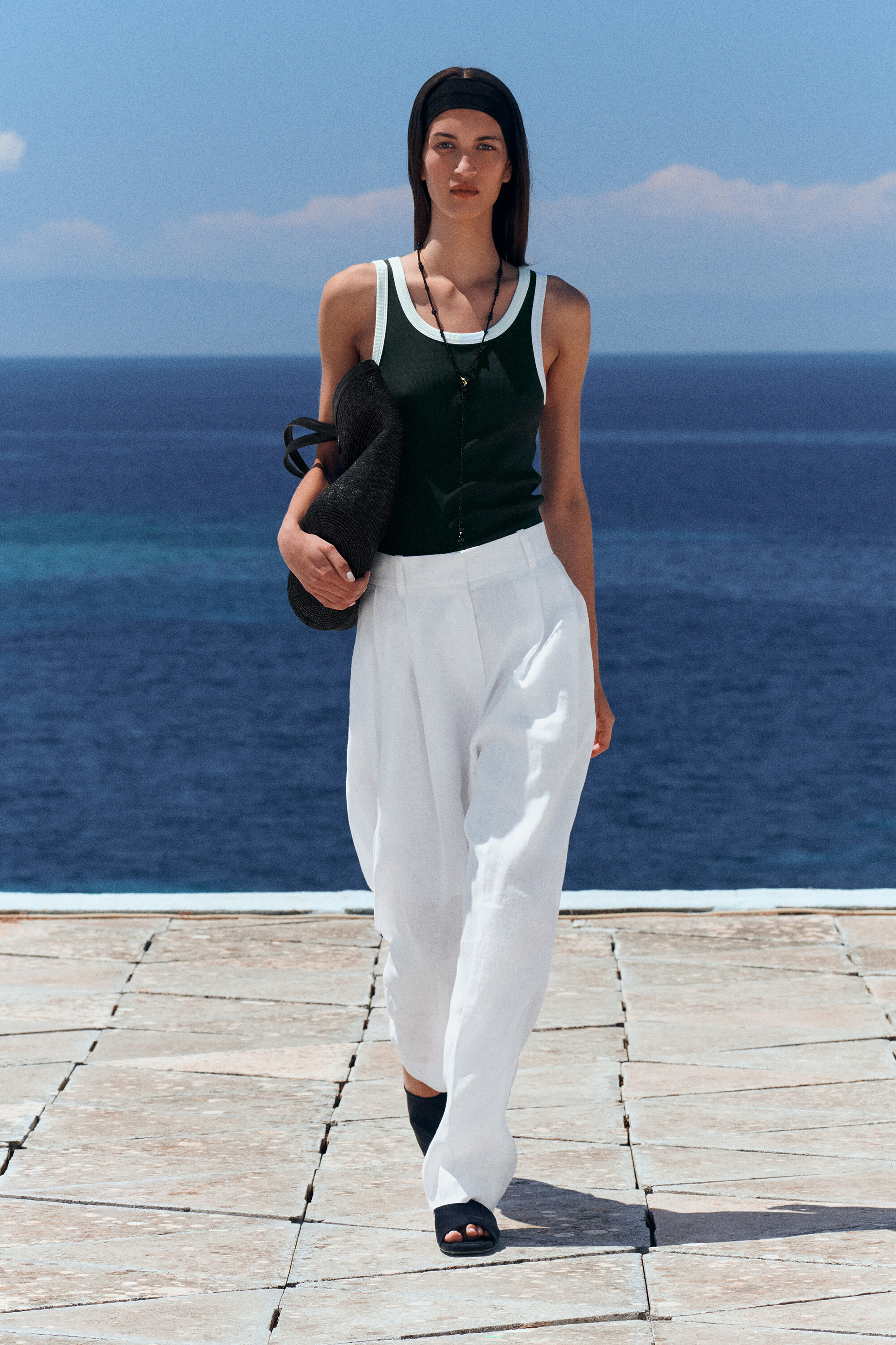 RIBBED COTTON TANK TOP - KHAKI / WHITE