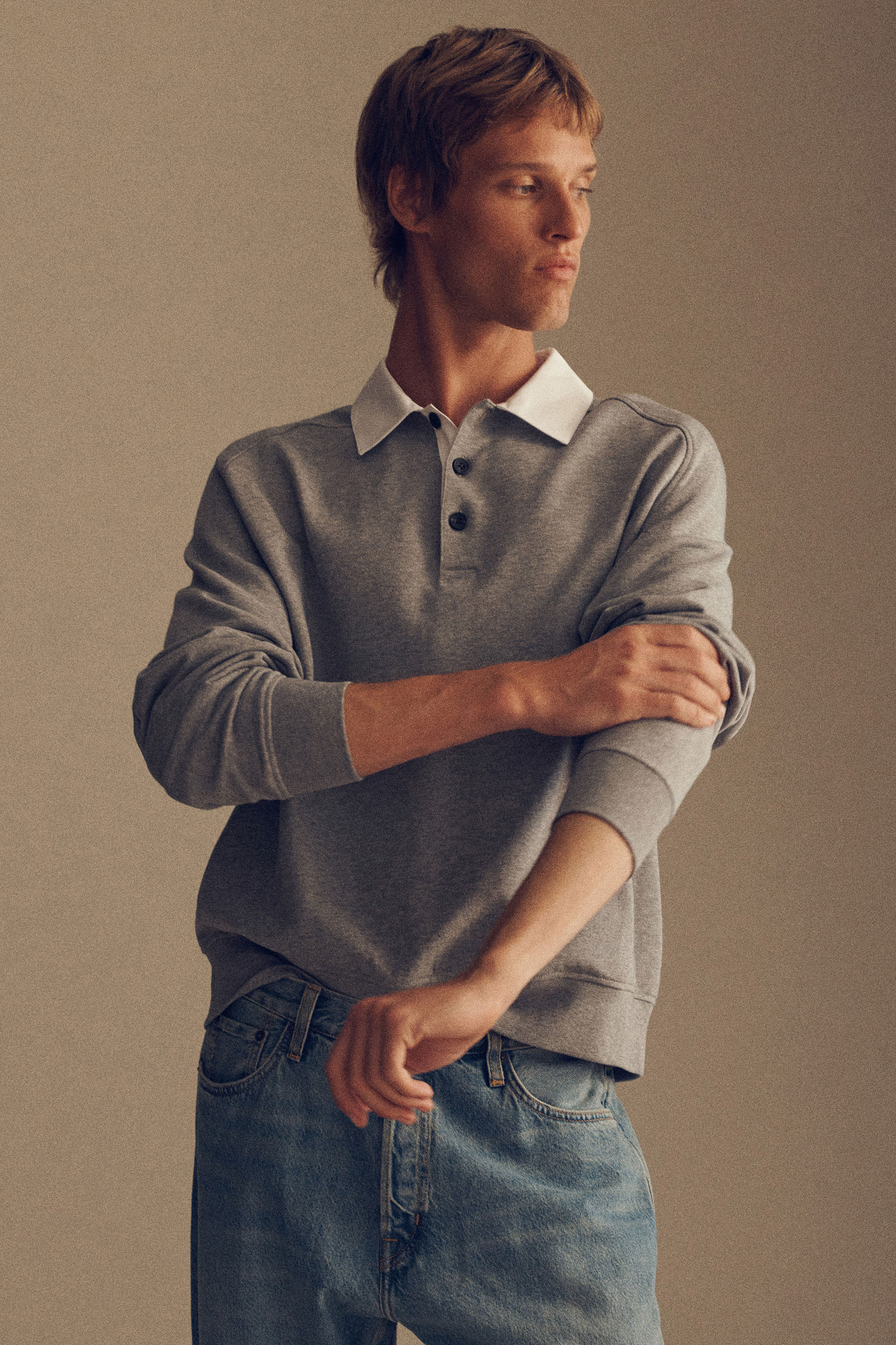 CONTRAST-COLLAR JERSEY POLO SHIRT - GRAY MÉLANGE