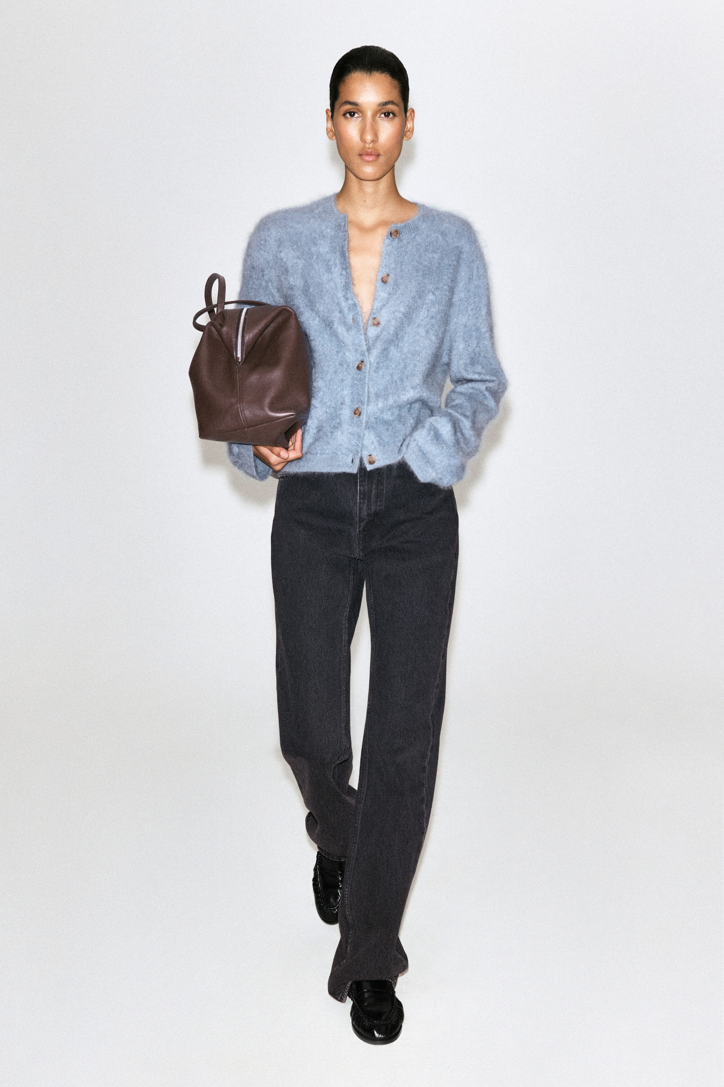 BRUSHED-CASHMERE CREW-NECK CARDIGAN - BLUE