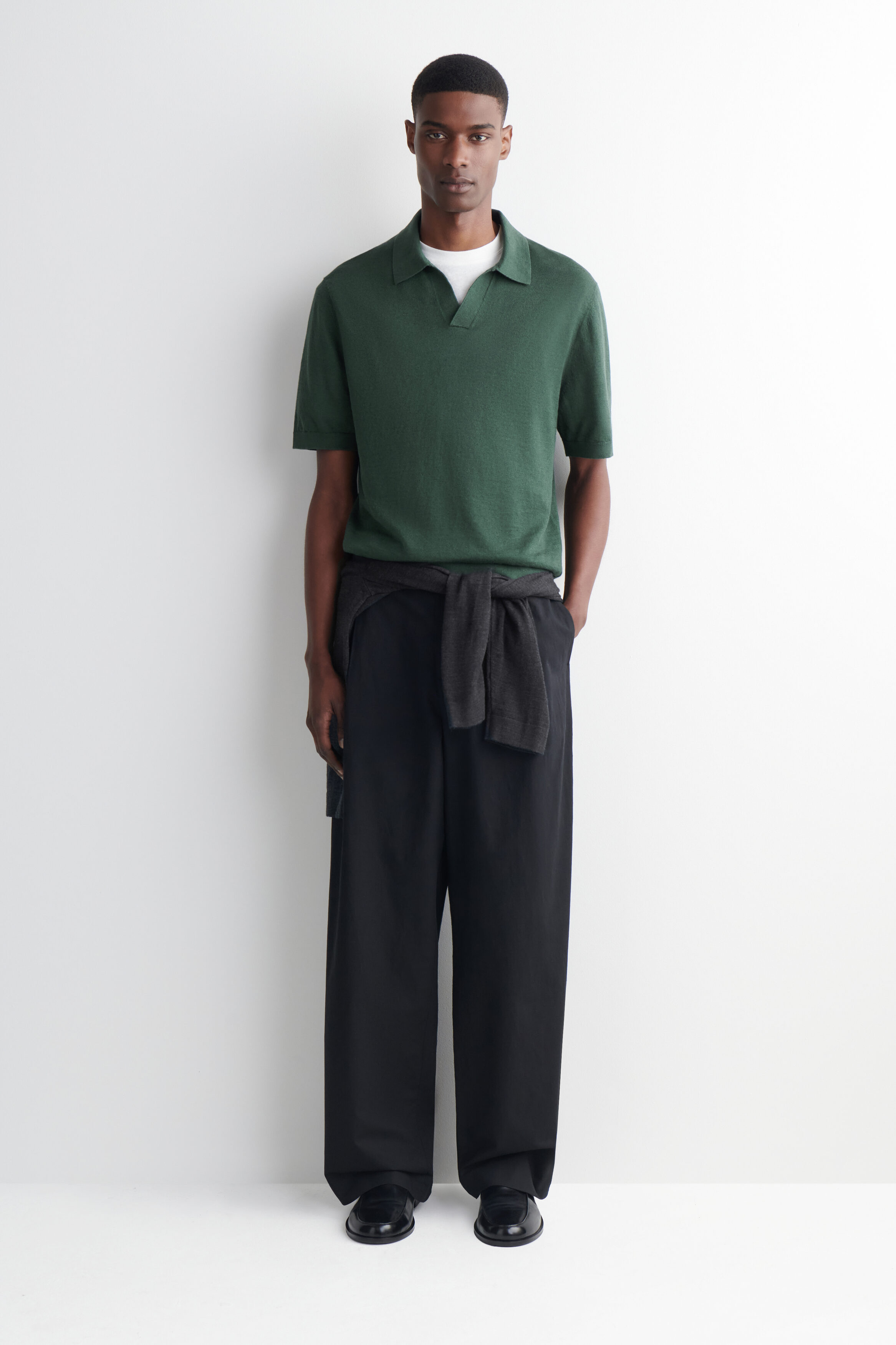 KNITTED LINEN POLO SHIRT - DARK GREEN