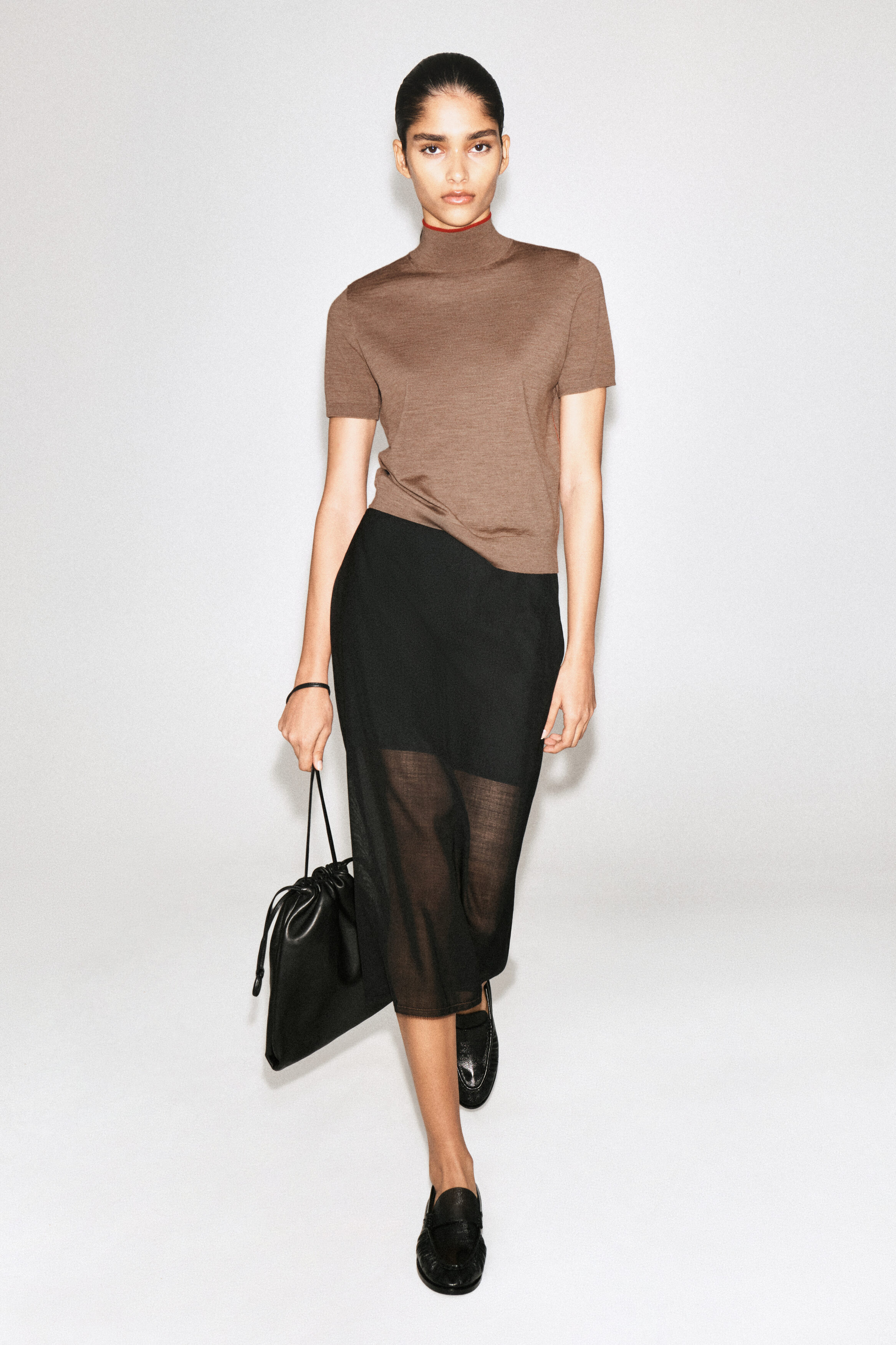 MERINO WOOL TURTLENECK TOP - BEIGE MÉLANGE / RED