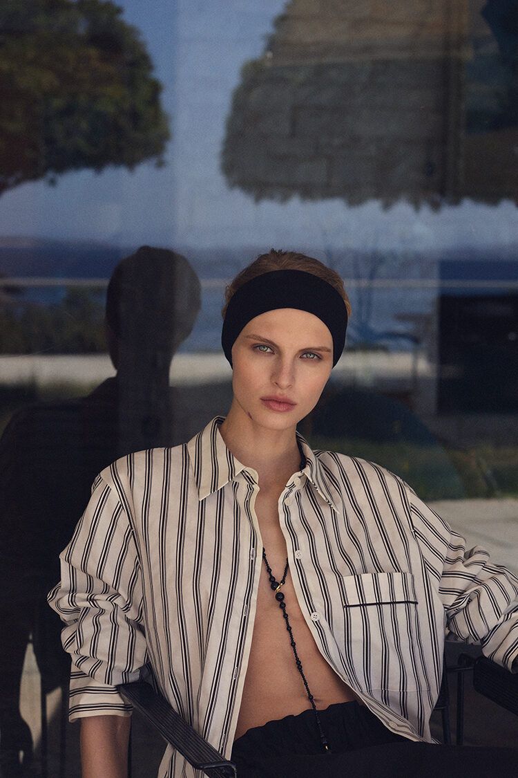 PIPED STRIPED COTTON SHIRT - WHITE / BROWN / STRIPED