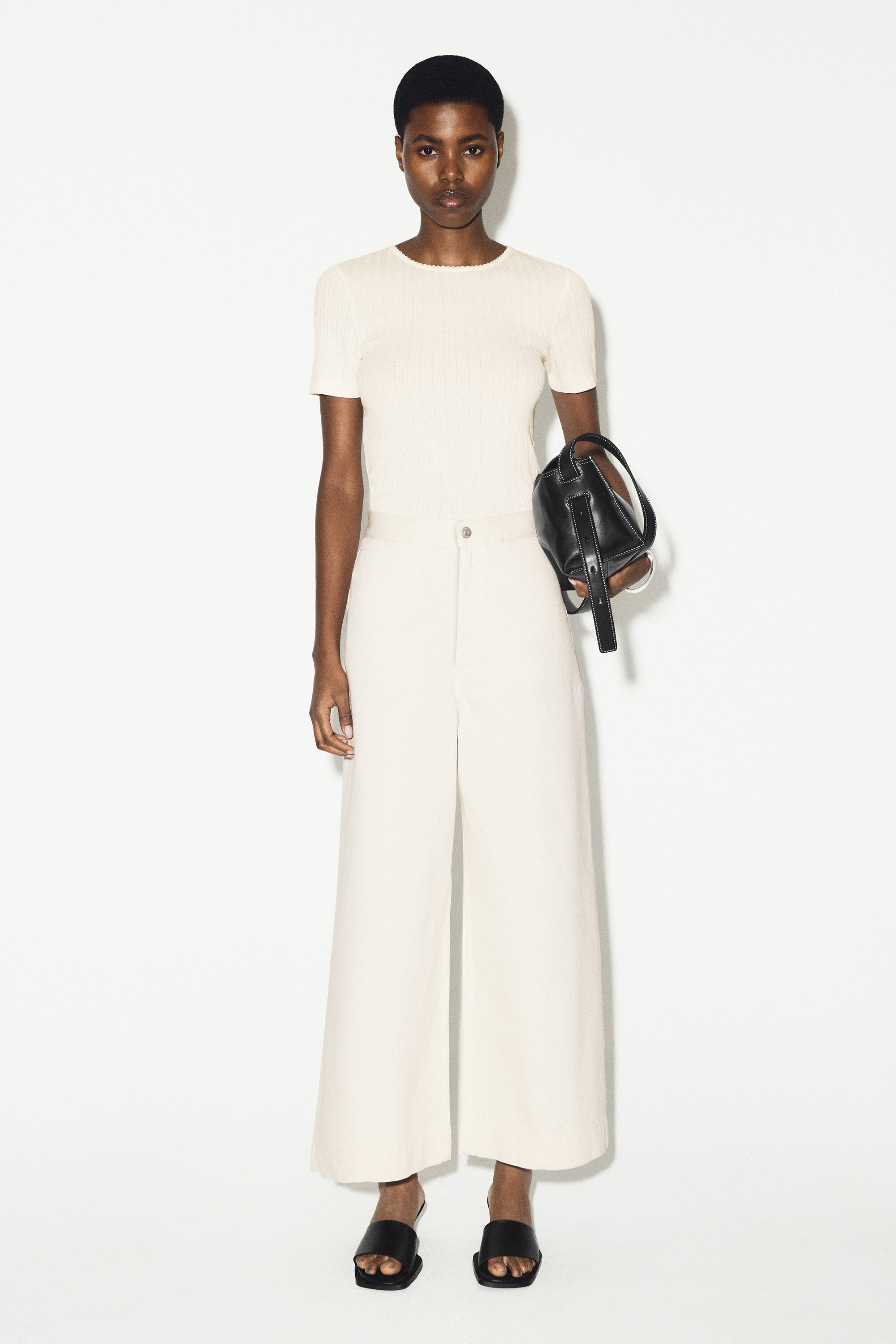 CROPPED WIDE-LEG DENIM PANTS - ECRU