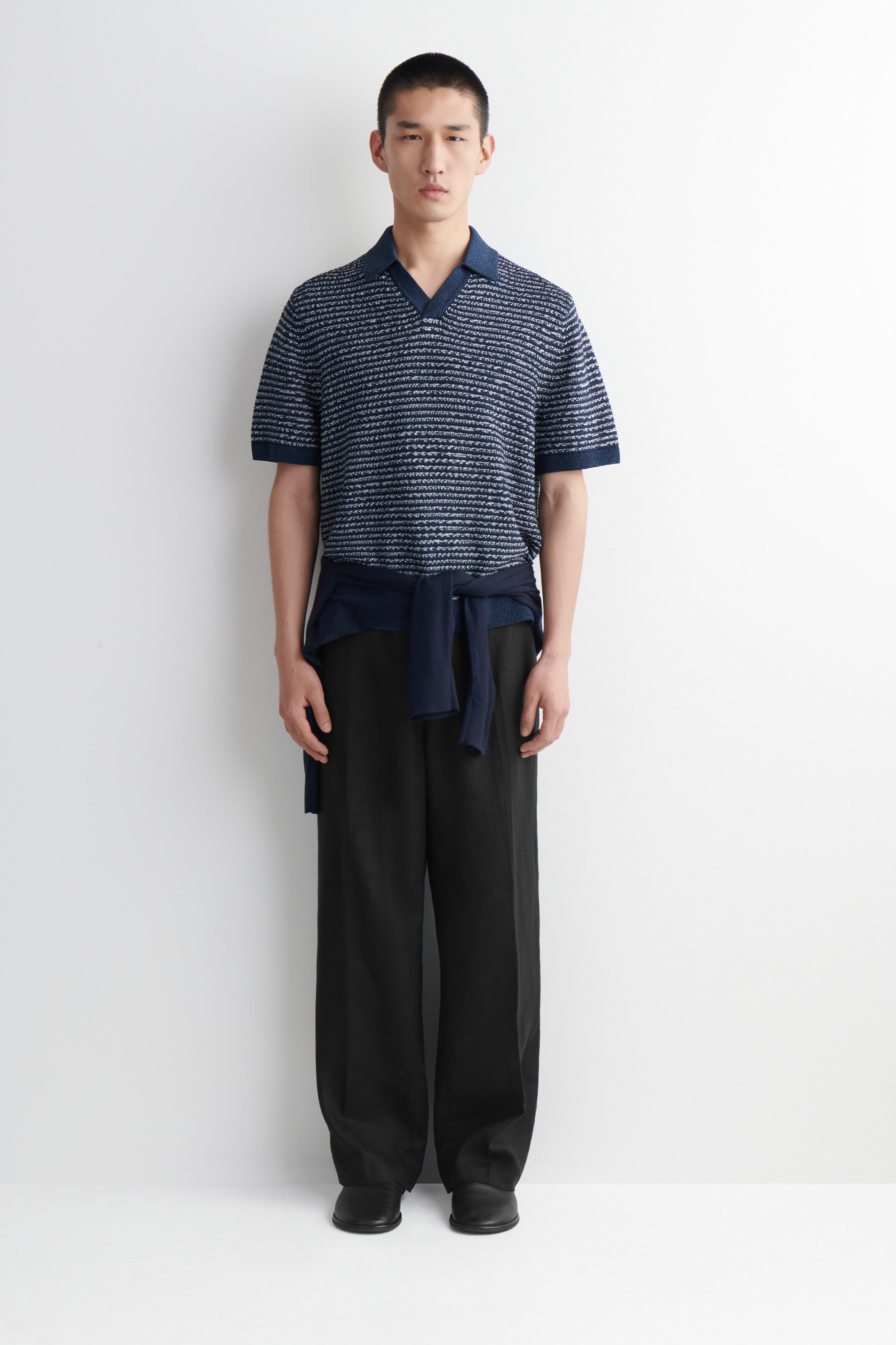 OPEN-KNIT POLO SHIRT - NAVY / WHITE / STRIPED