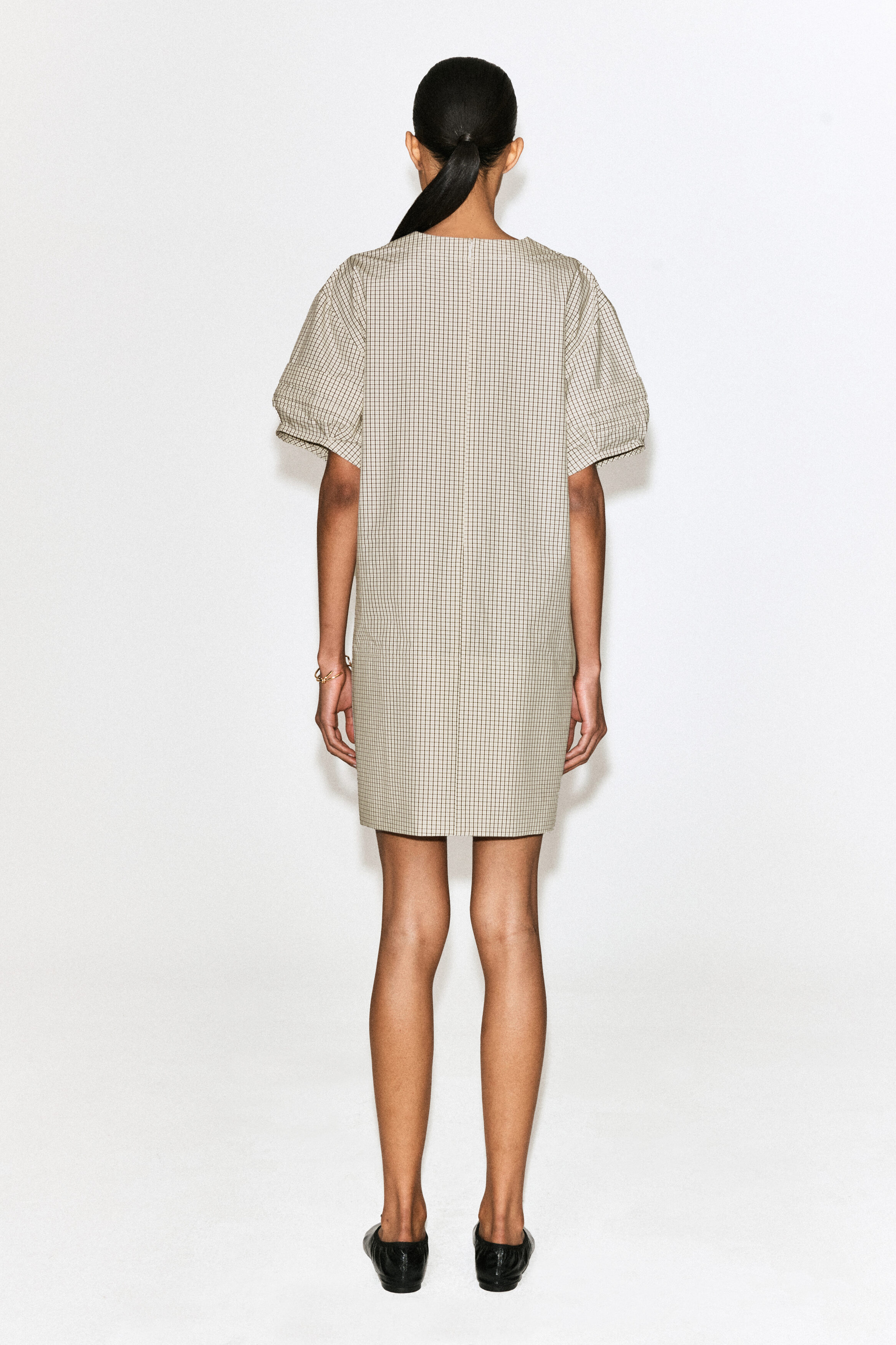 PINTUCKED COTTON MINI DRESS - BEIGE / CHECKED