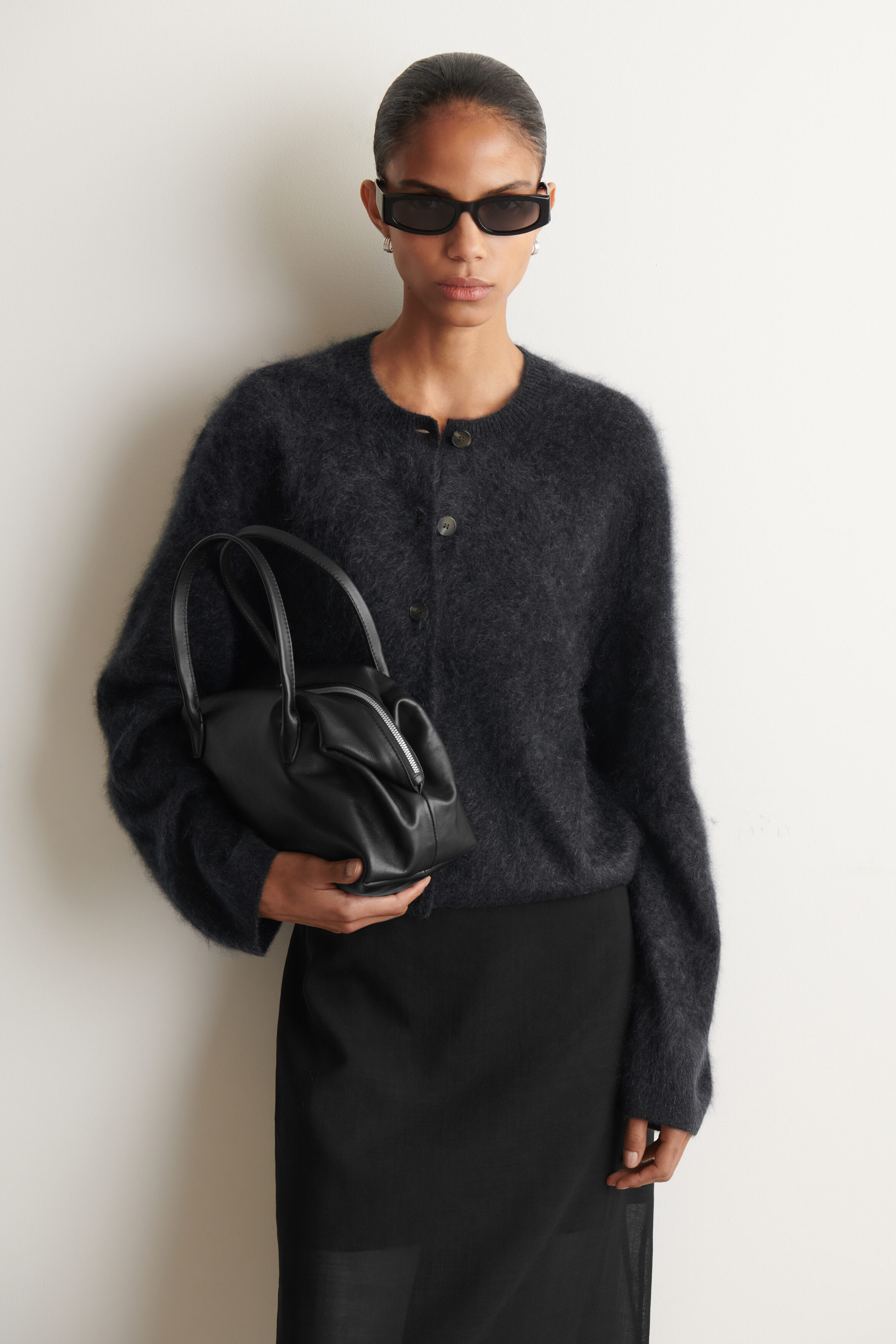 BRUSHED-CASHMERE CREW-NECK CARDIGAN - DARK GRAY