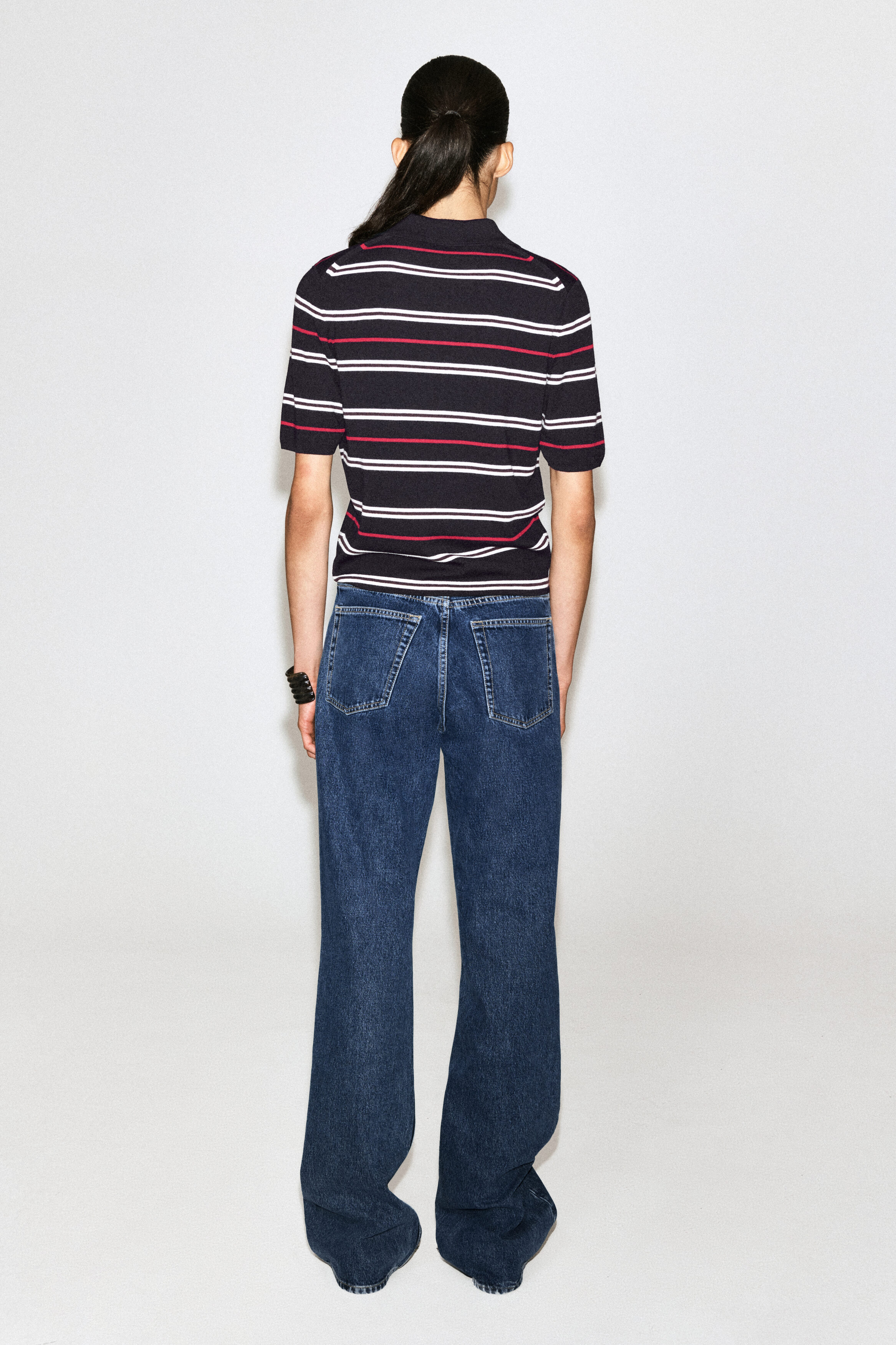 MERINO WOOL ZIP-UP POLO SHIRT - NAVY / RED / STRIPED