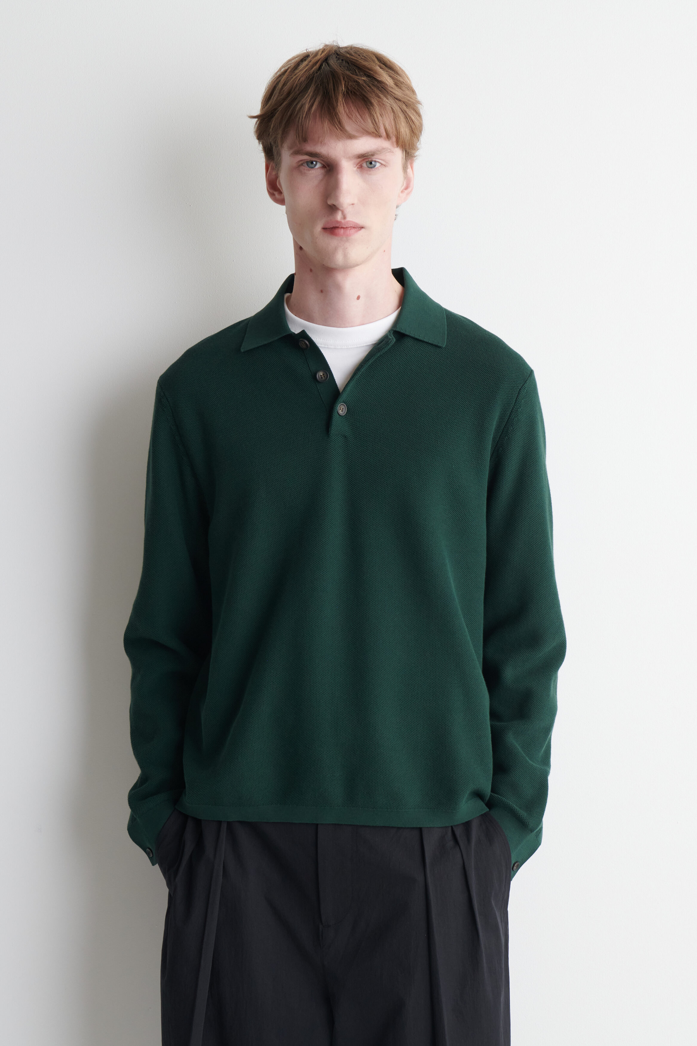 HONEYCOMB-KNIT POLO SHIRT - DARK GREEN