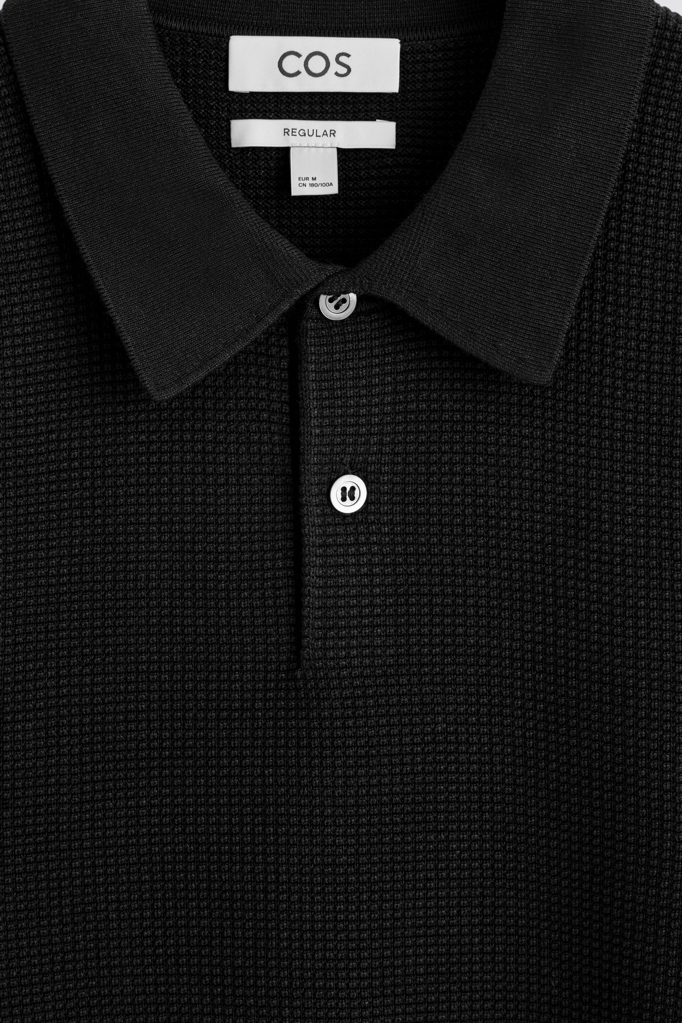 WAFFLE-KNIT COTTON POLO SHIRT - BLACK
