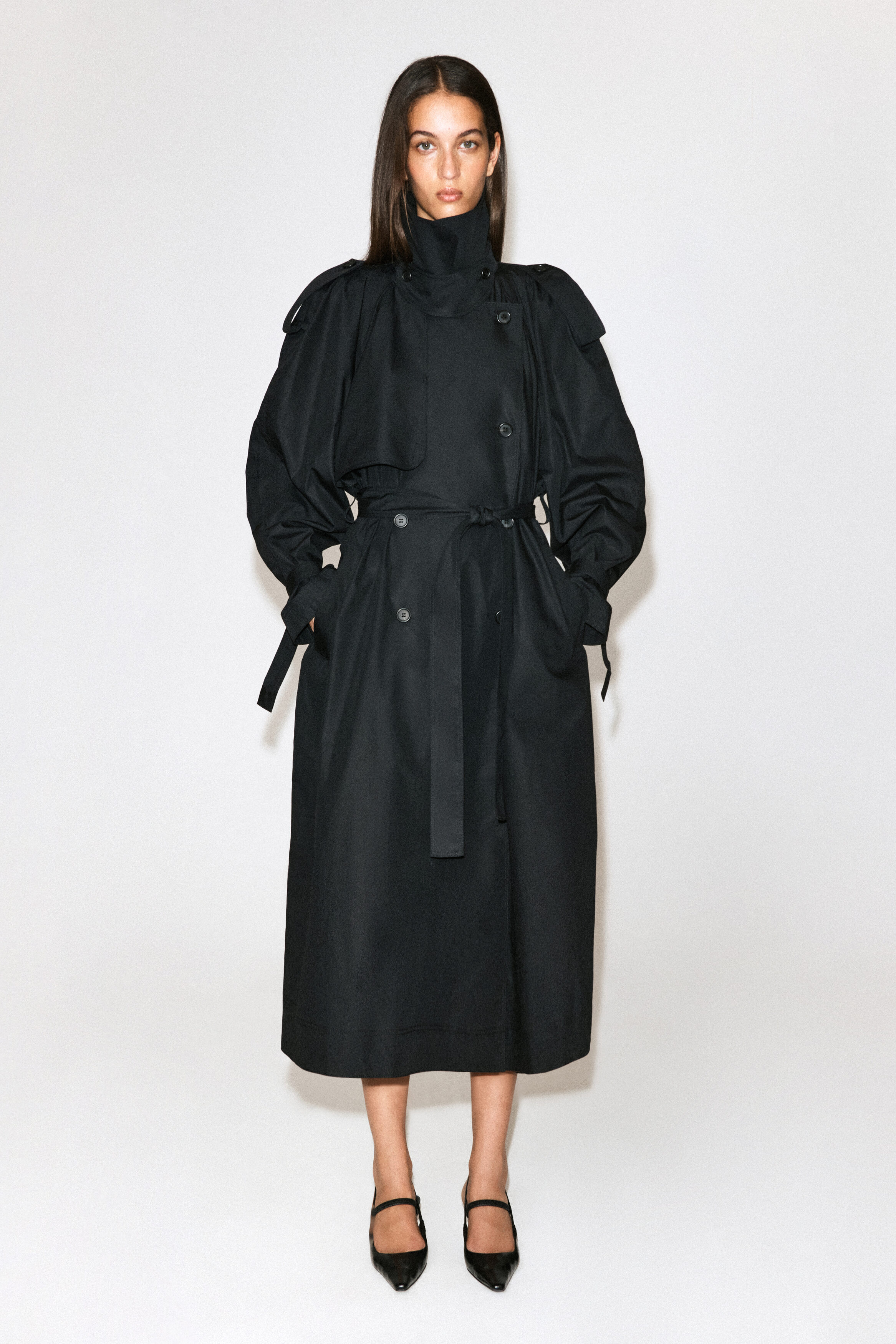 mock-NECK COTTON TRENCH COAT - BLACK