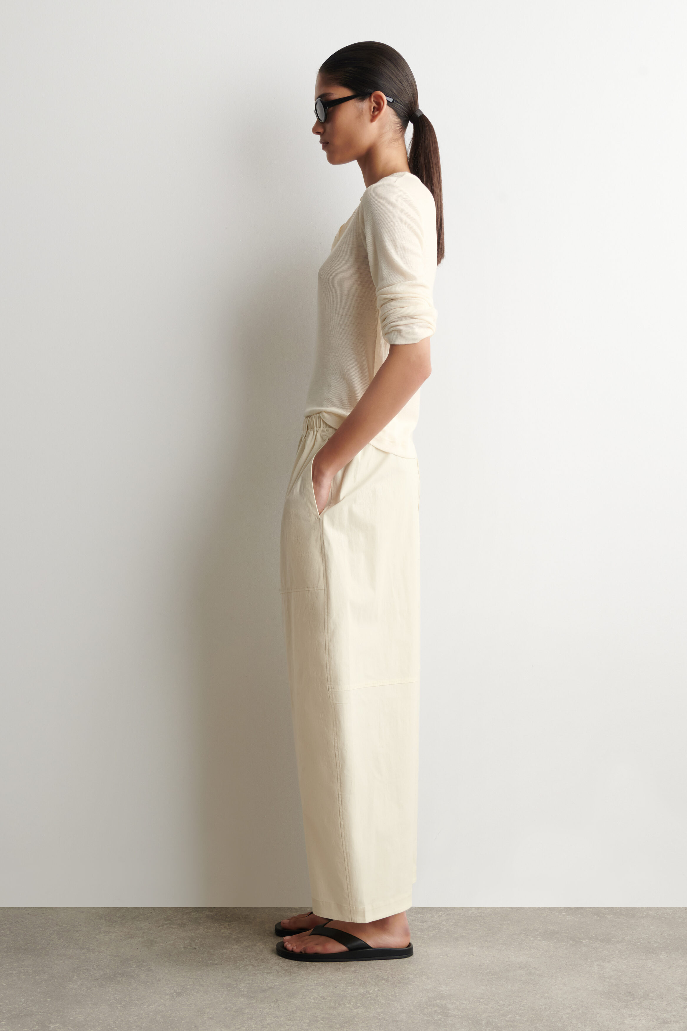 COTTON BARREL-LEG UTILITY PANTS - CREAM