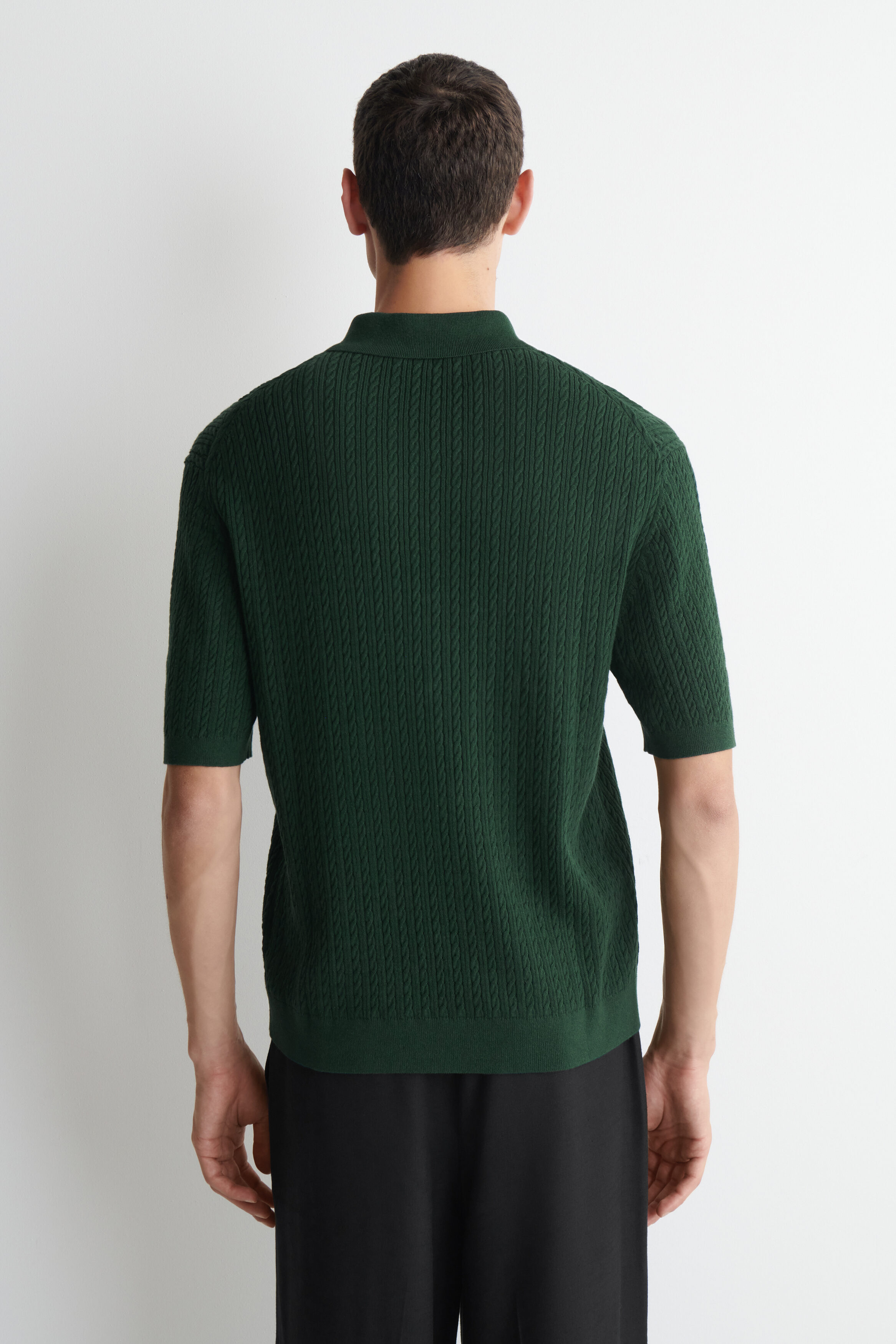CABLE-KNIT COTTON-LINEN POLO SHIRT - DARK GREEN