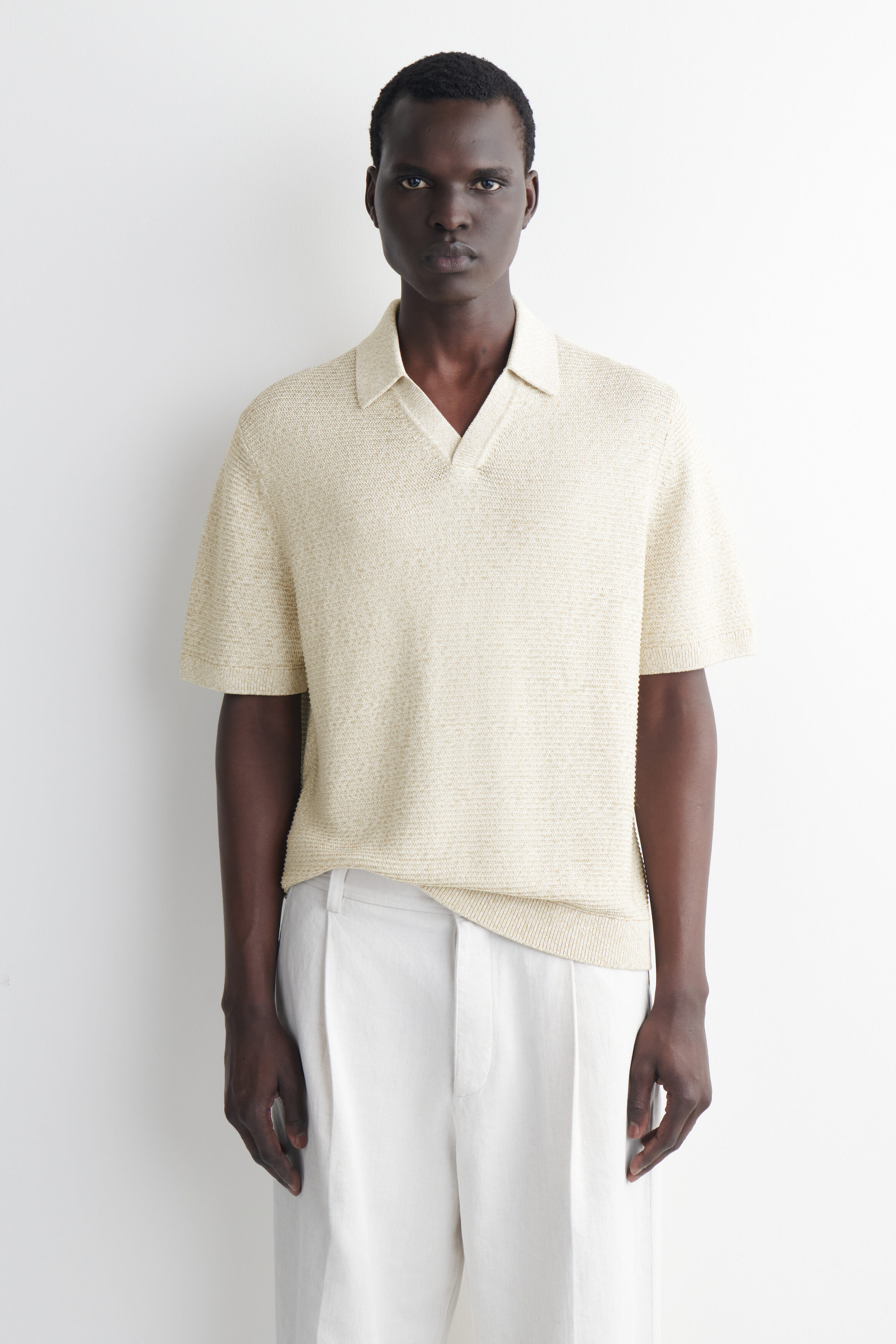 OPEN-KNIT POLO SHIRT - LIGHT-BEIGE MÉLANGE