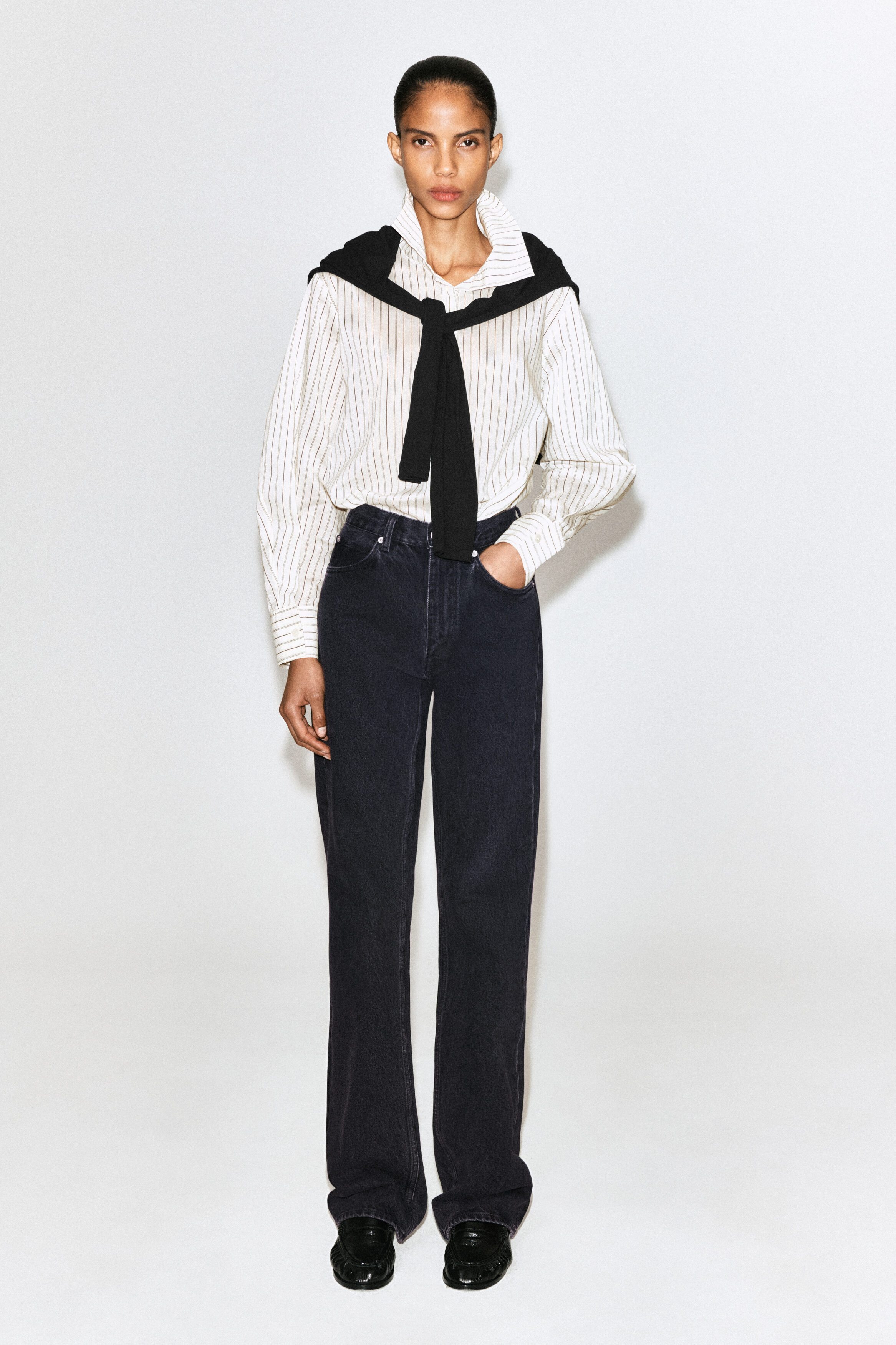 STRIPED COTTON-SILK HIGH-COLLAR SHIRT - IVORY / BROWN / STRIPED
