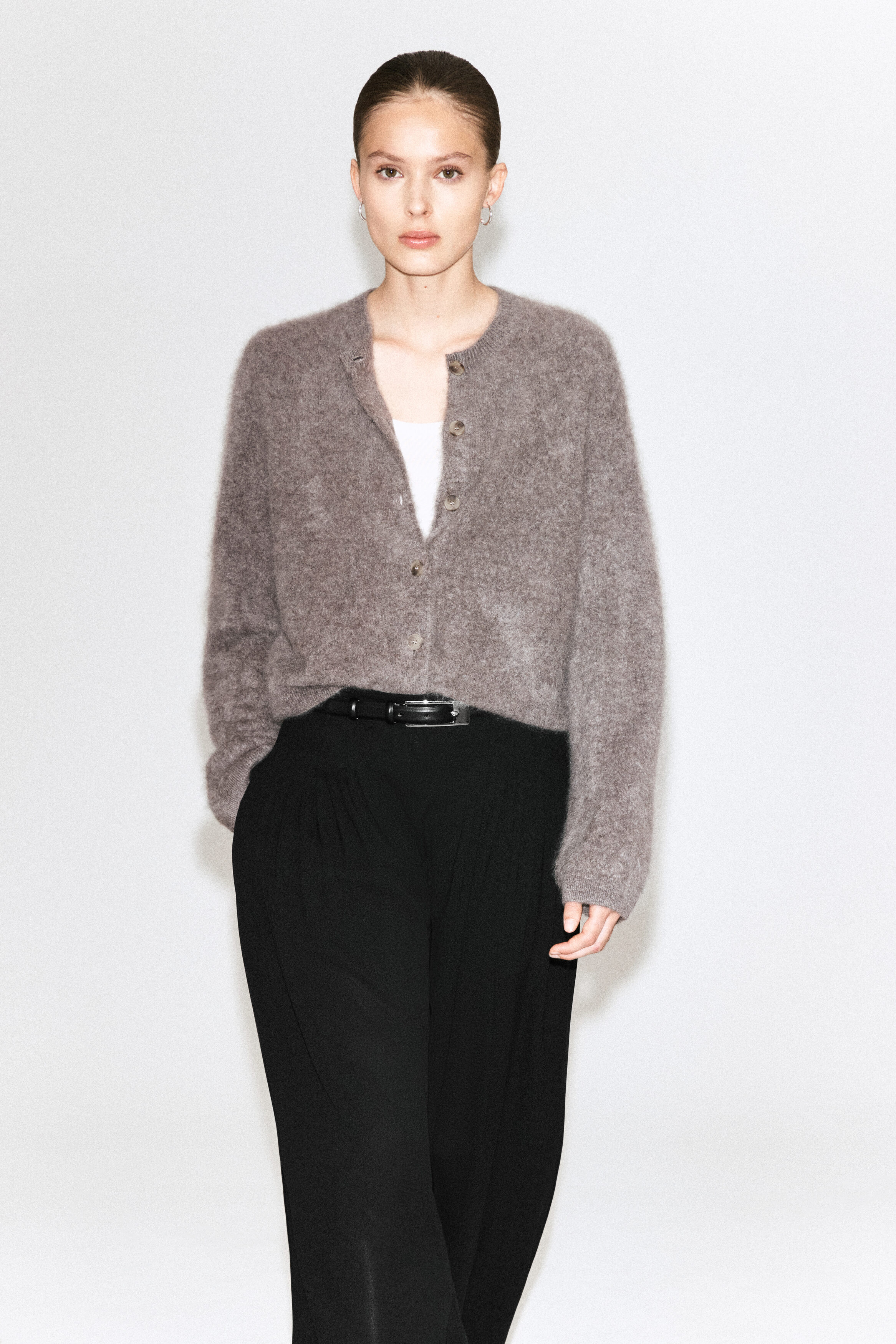 BRUSHED-CASHMERE CREW-NECK CARDIGAN - DARK BEIGE