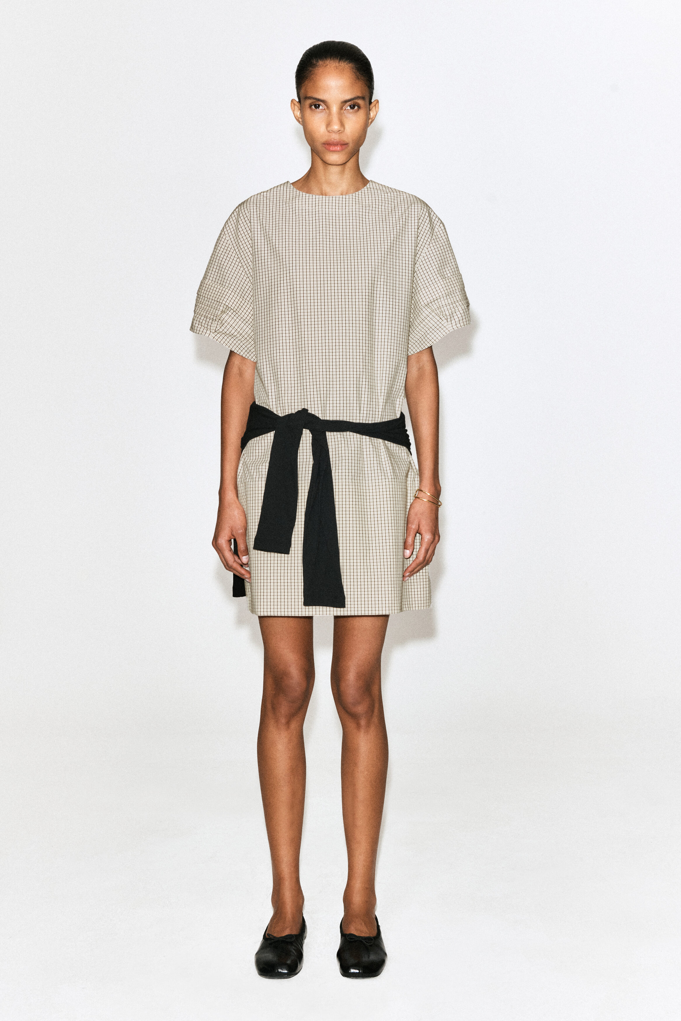 PINTUCKED COTTON MINI DRESS - BEIGE / CHECKED