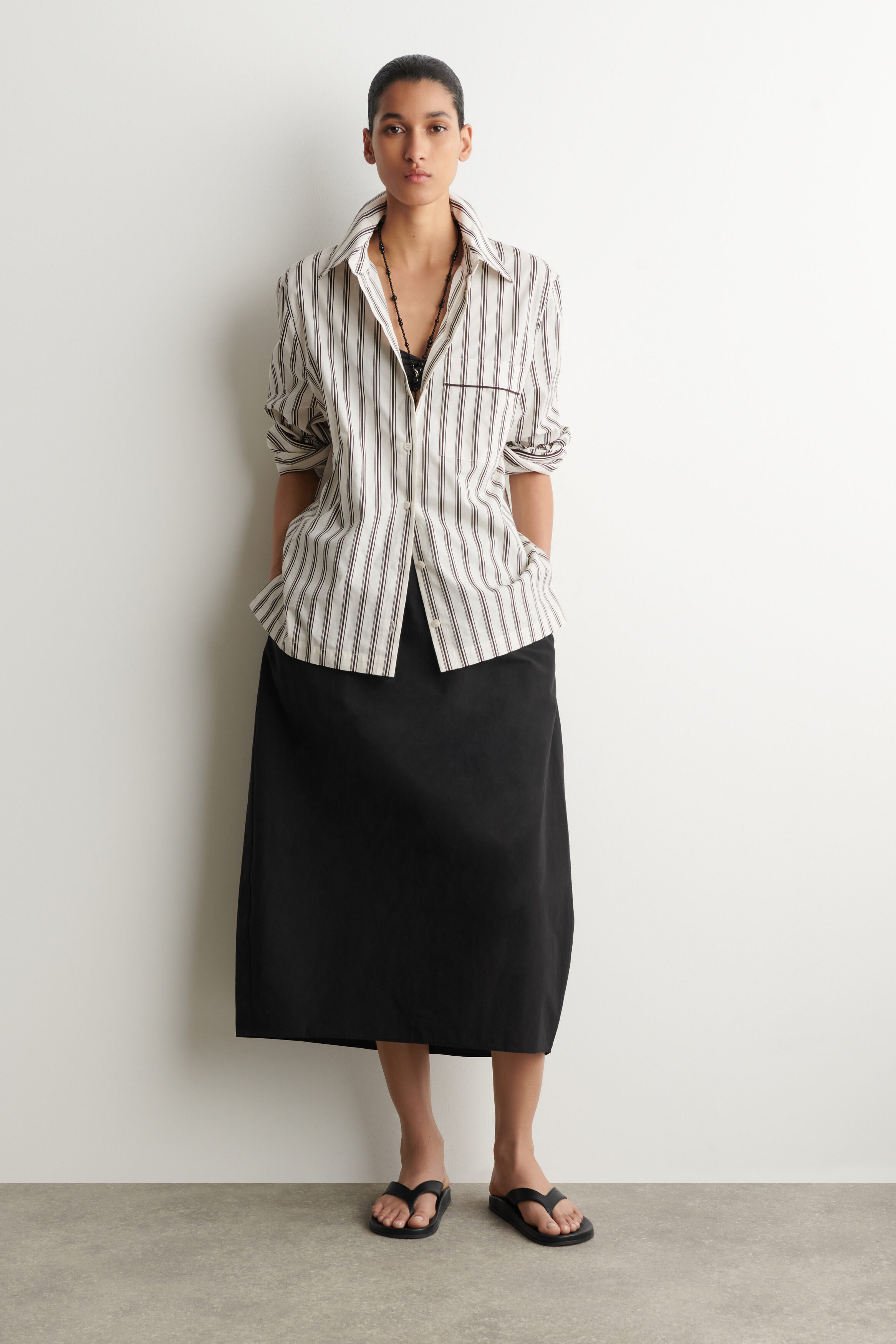 PIPED STRIPED COTTON SHIRT - WHITE / BROWN / STRIPED
