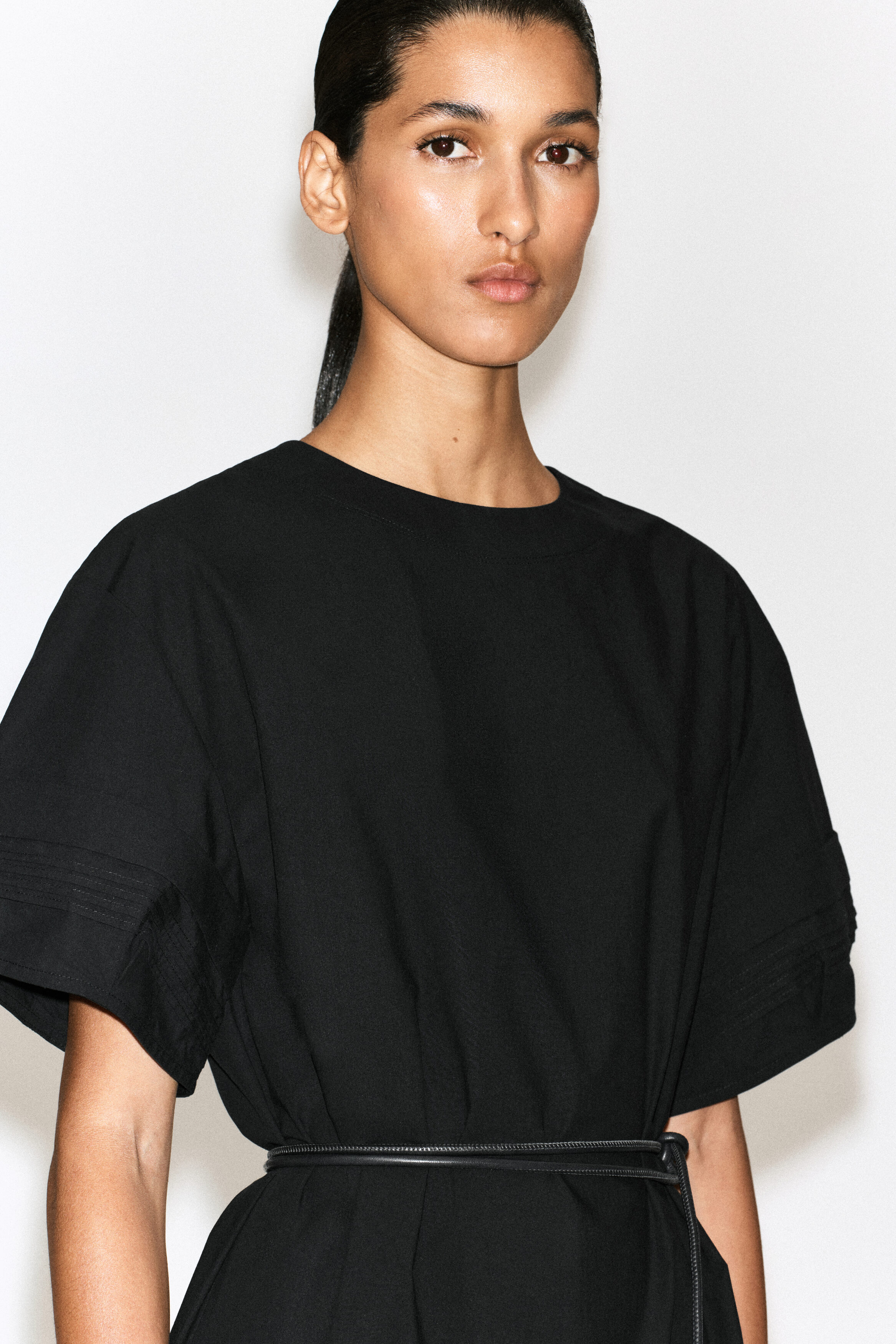 PINTUCKED COTTON MINI DRESS - BLACK