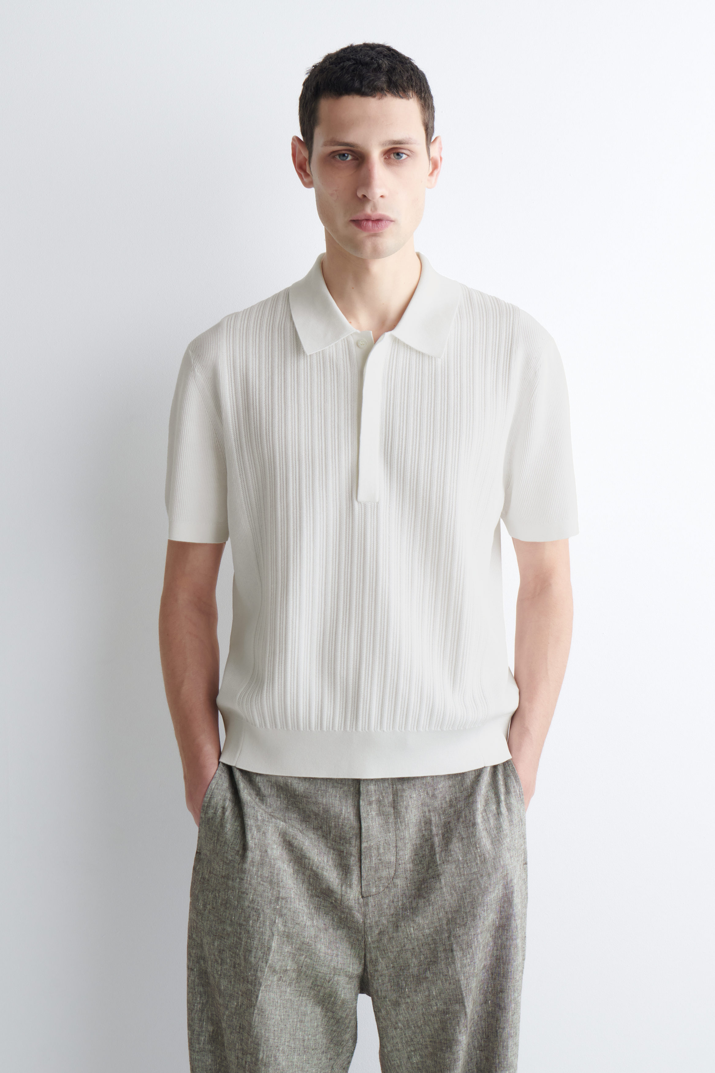TEXTURED-PANEL COTTON POLO SHIRT - WHITE