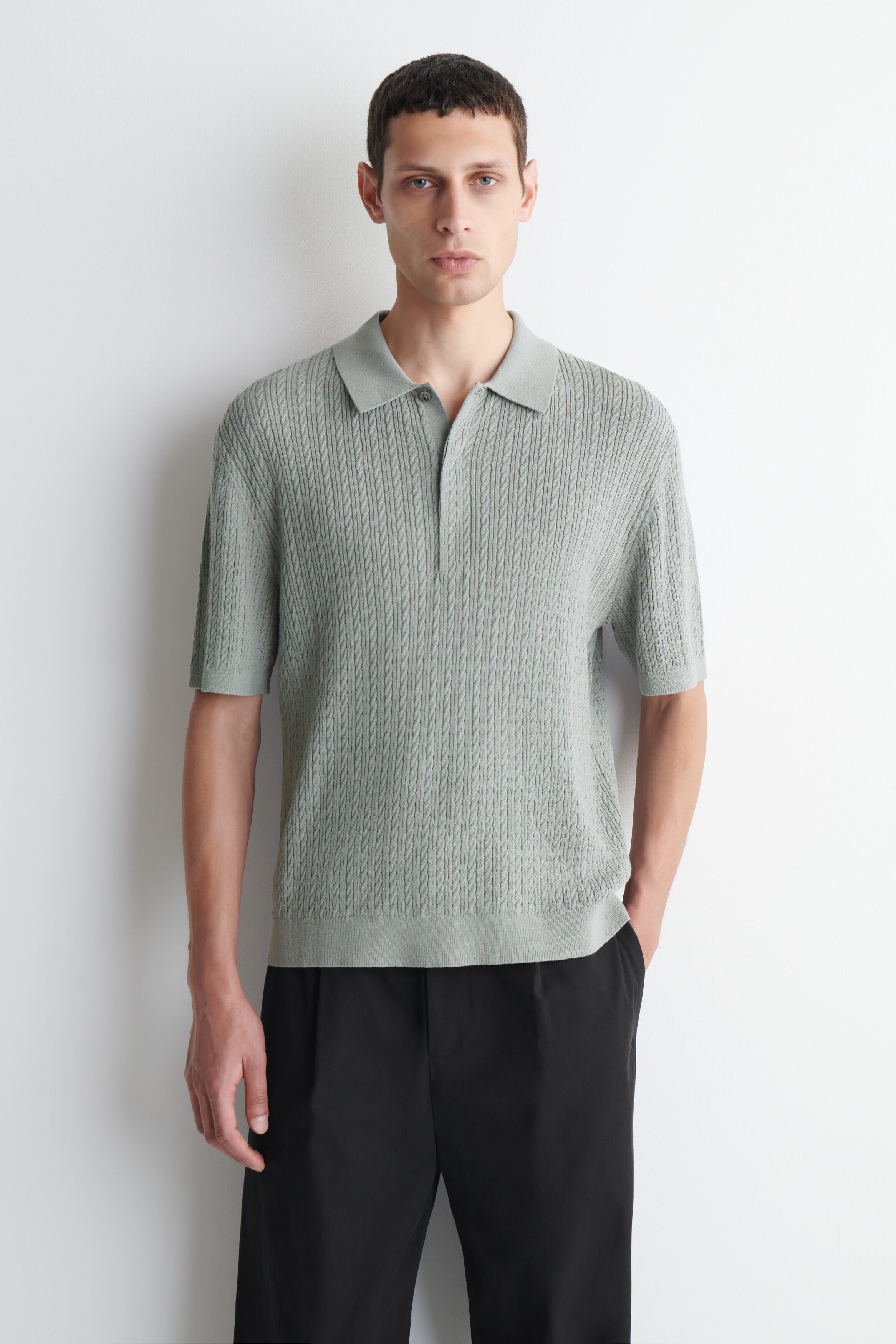 CABLE-KNIT COTTON-LINEN POLO SHIRT - GRAY