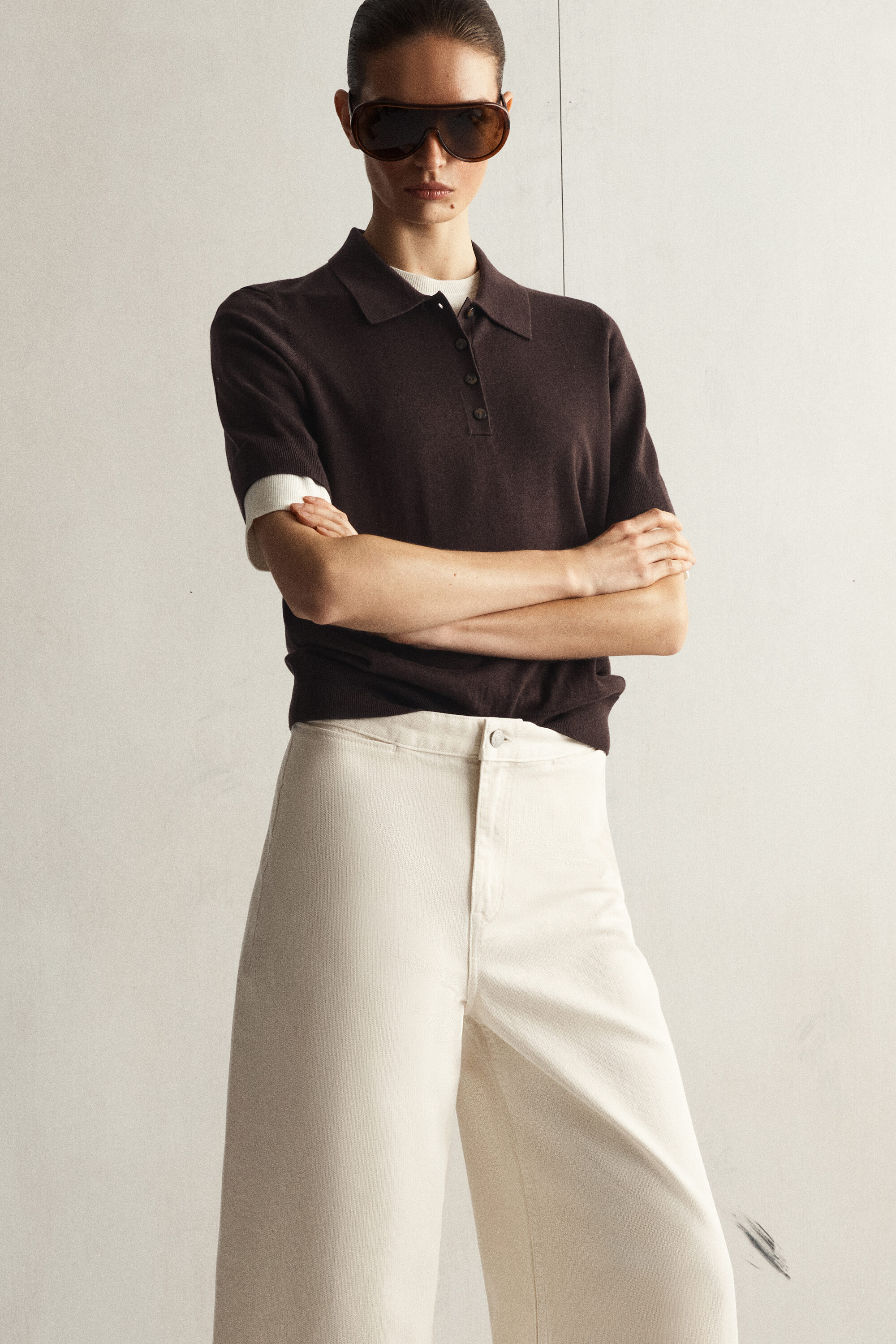 CROPPED WIDE-LEG DENIM PANTS - ECRU