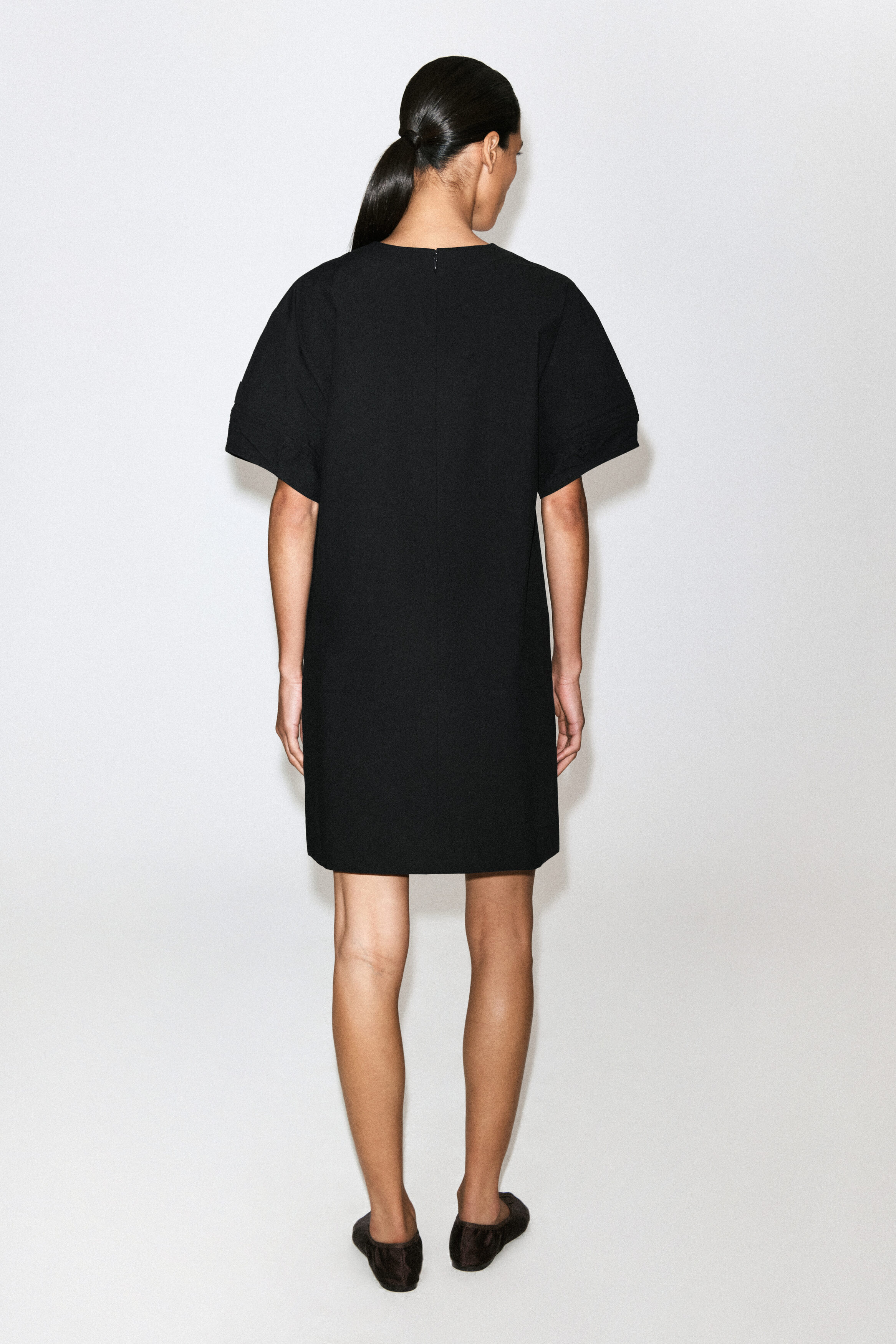 PINTUCKED COTTON MINI DRESS - BLACK