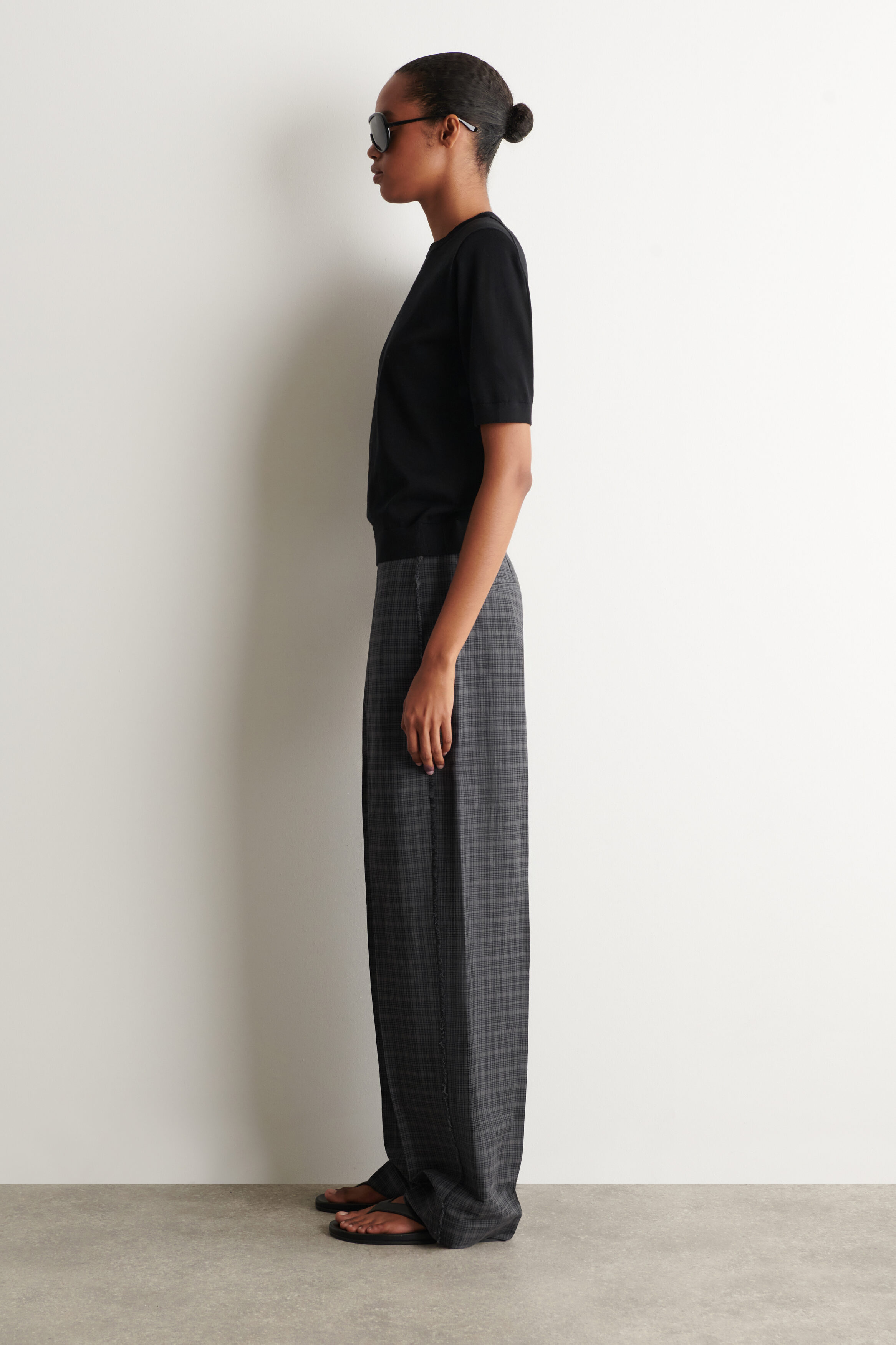 FRINGED CHECKED LINEN-COTTON PANTS - GRAY / BROWN / CHECKED