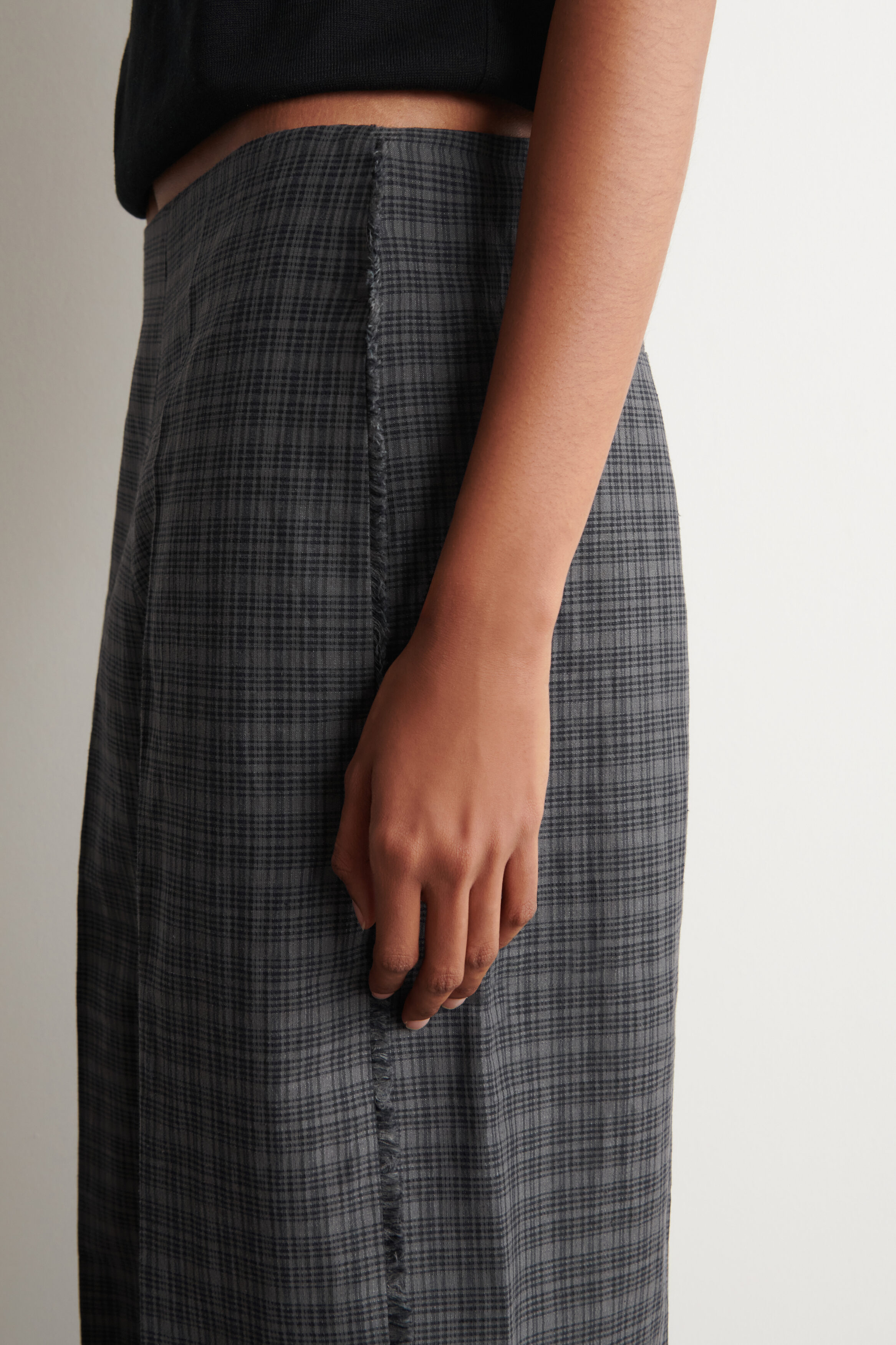 FRINGED CHECKED LINEN-COTTON PANTS - GRAY / BROWN / CHECKED