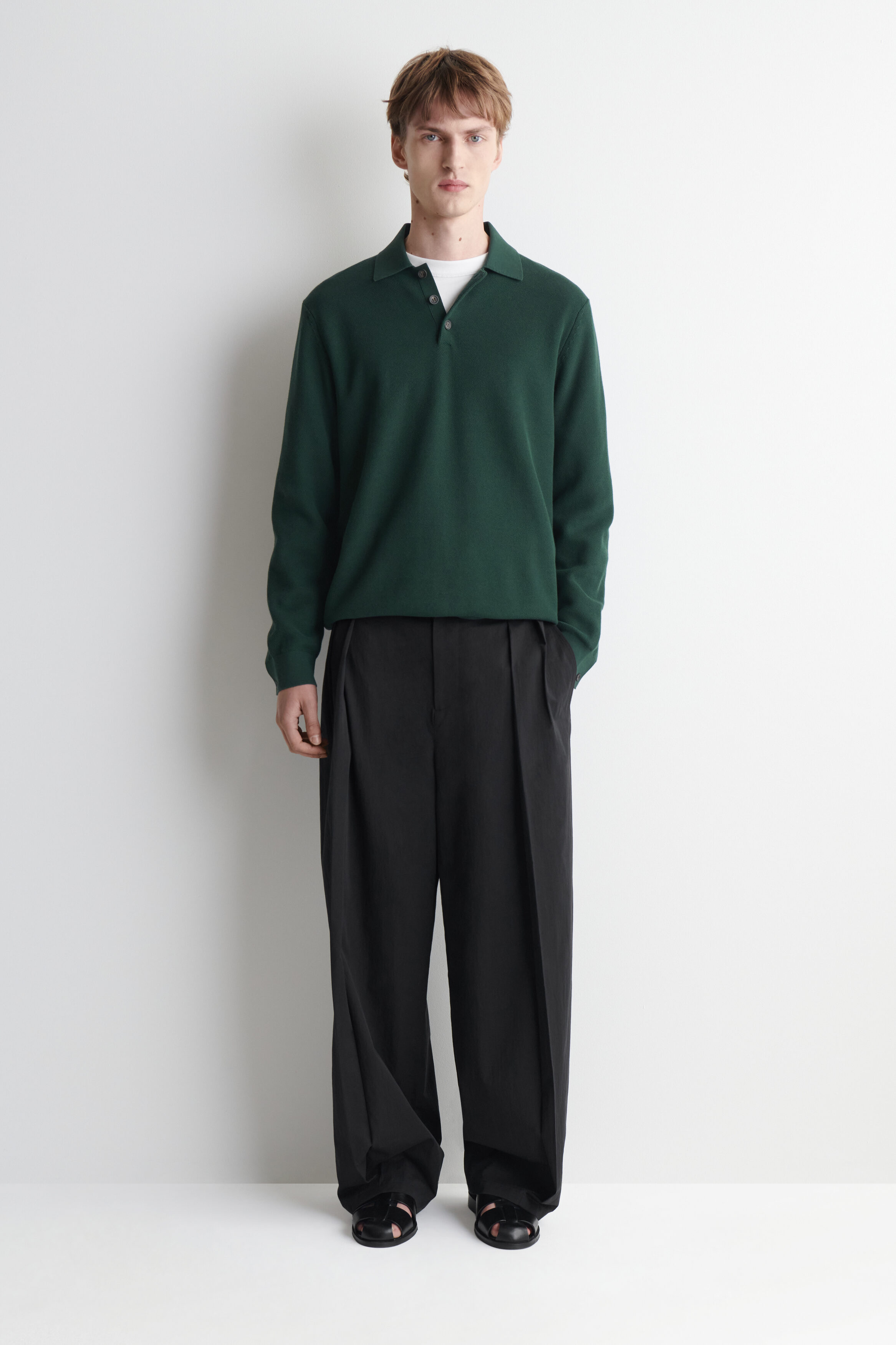 HONEYCOMB-KNIT POLO SHIRT - DARK GREEN