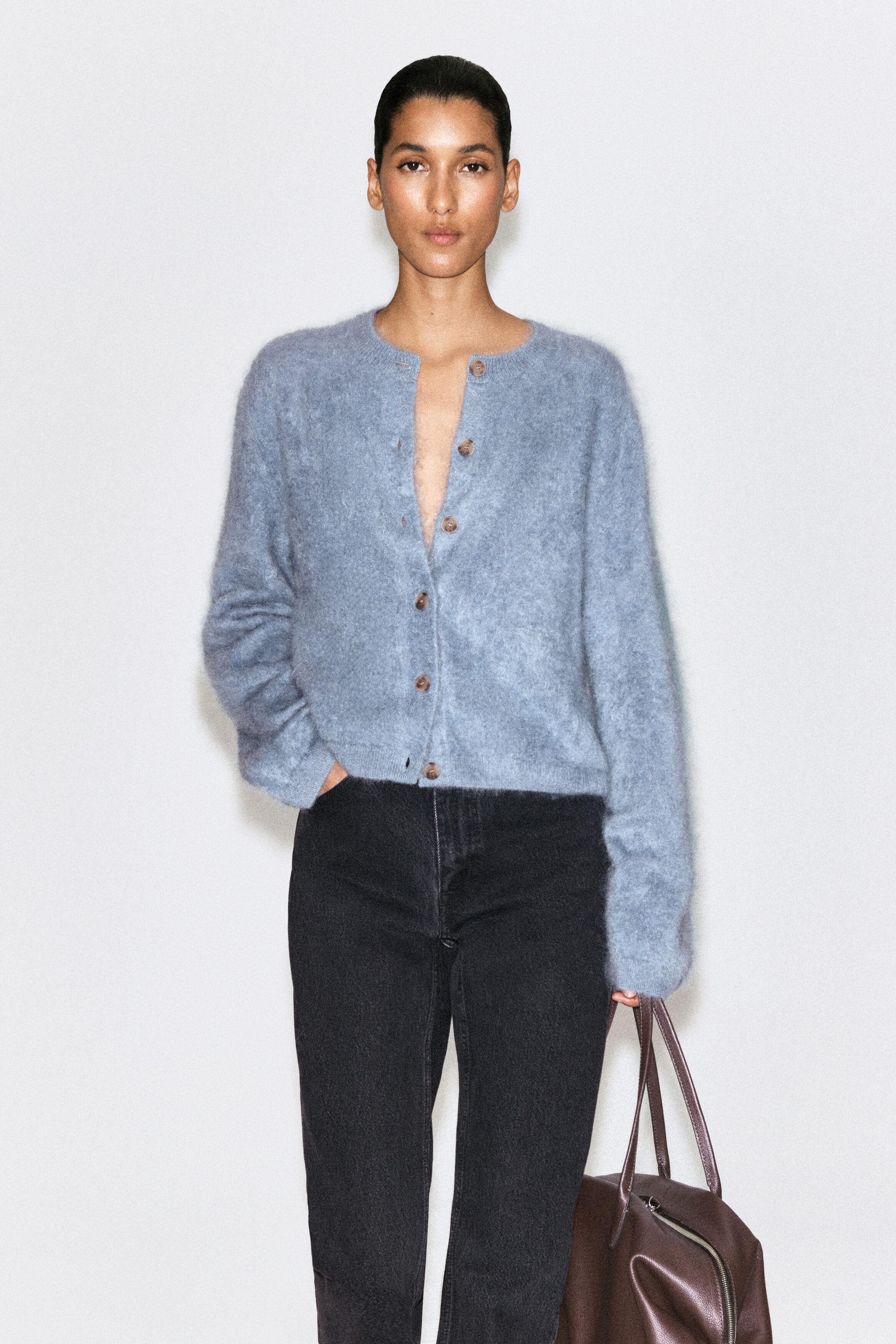 BRUSHED-CASHMERE CREW-NECK CARDIGAN - BLUE