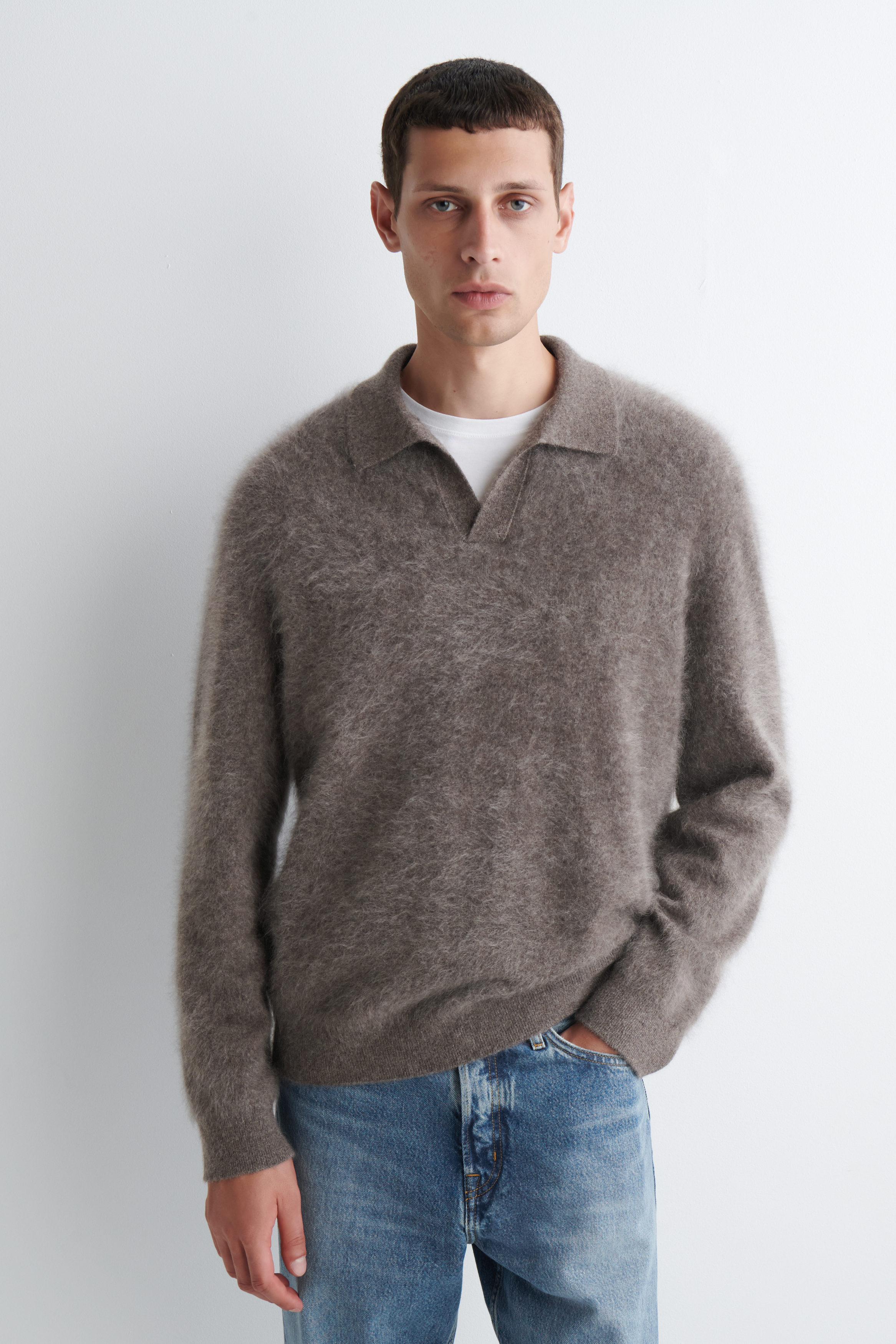 BRUSHED-CASHMERE POLO SWEATER - STONE