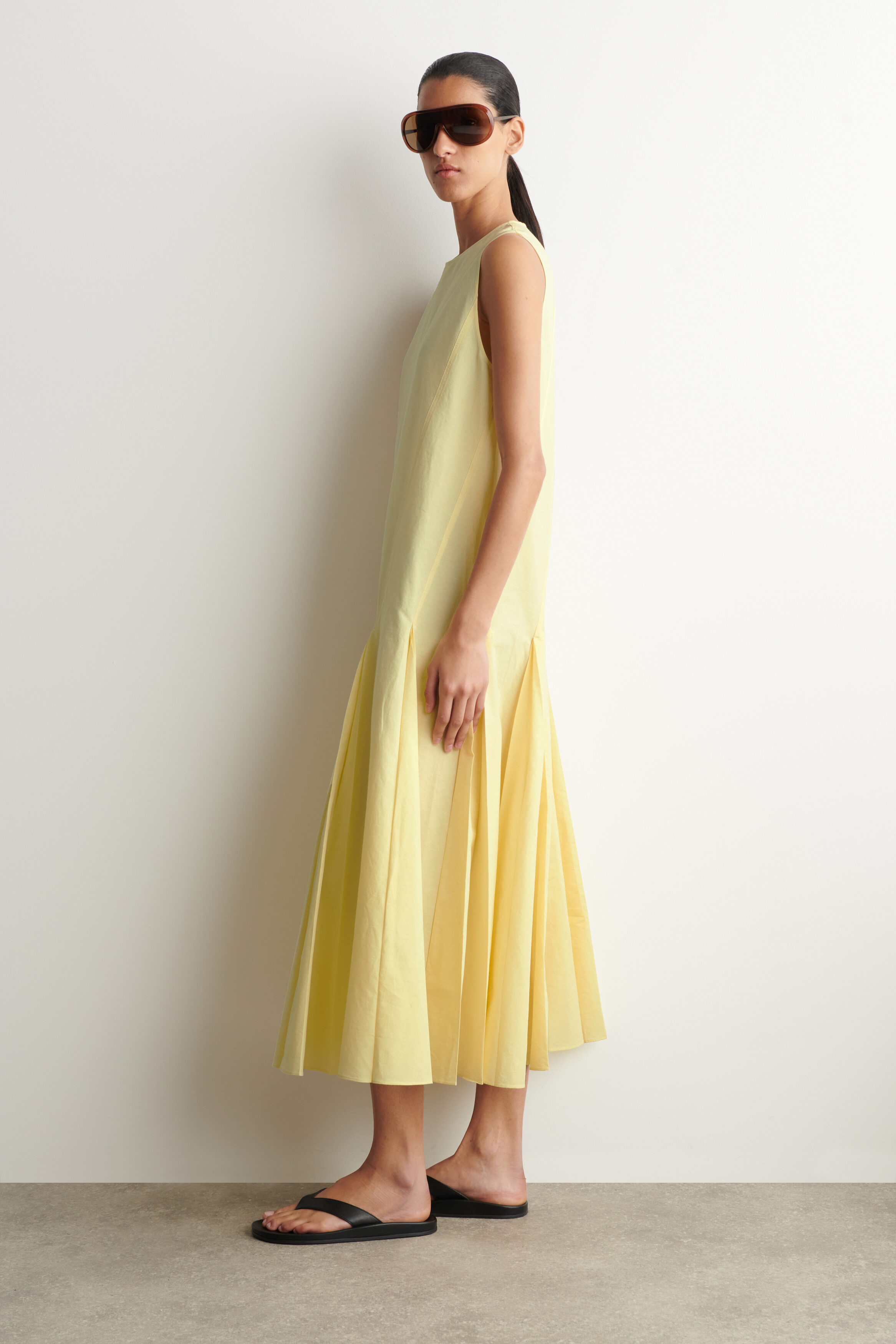 PLEATED COTTON-LINEN MAXI DRESS - YELLOW