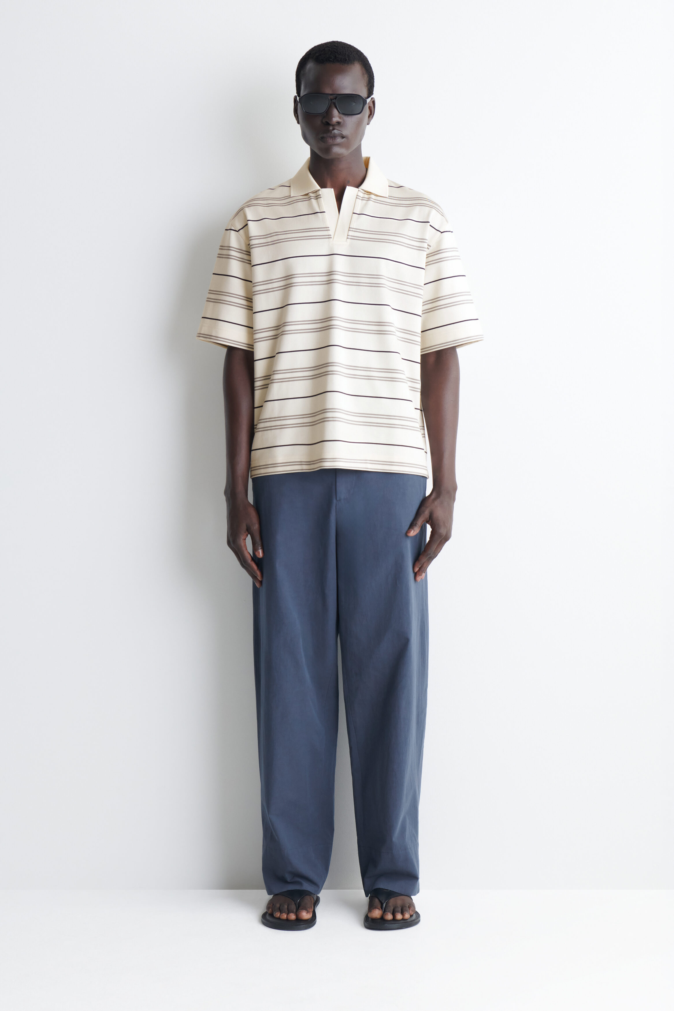 STRIPED OPEN-COLLAR POLO SHIRT - IVORY / STRIPED