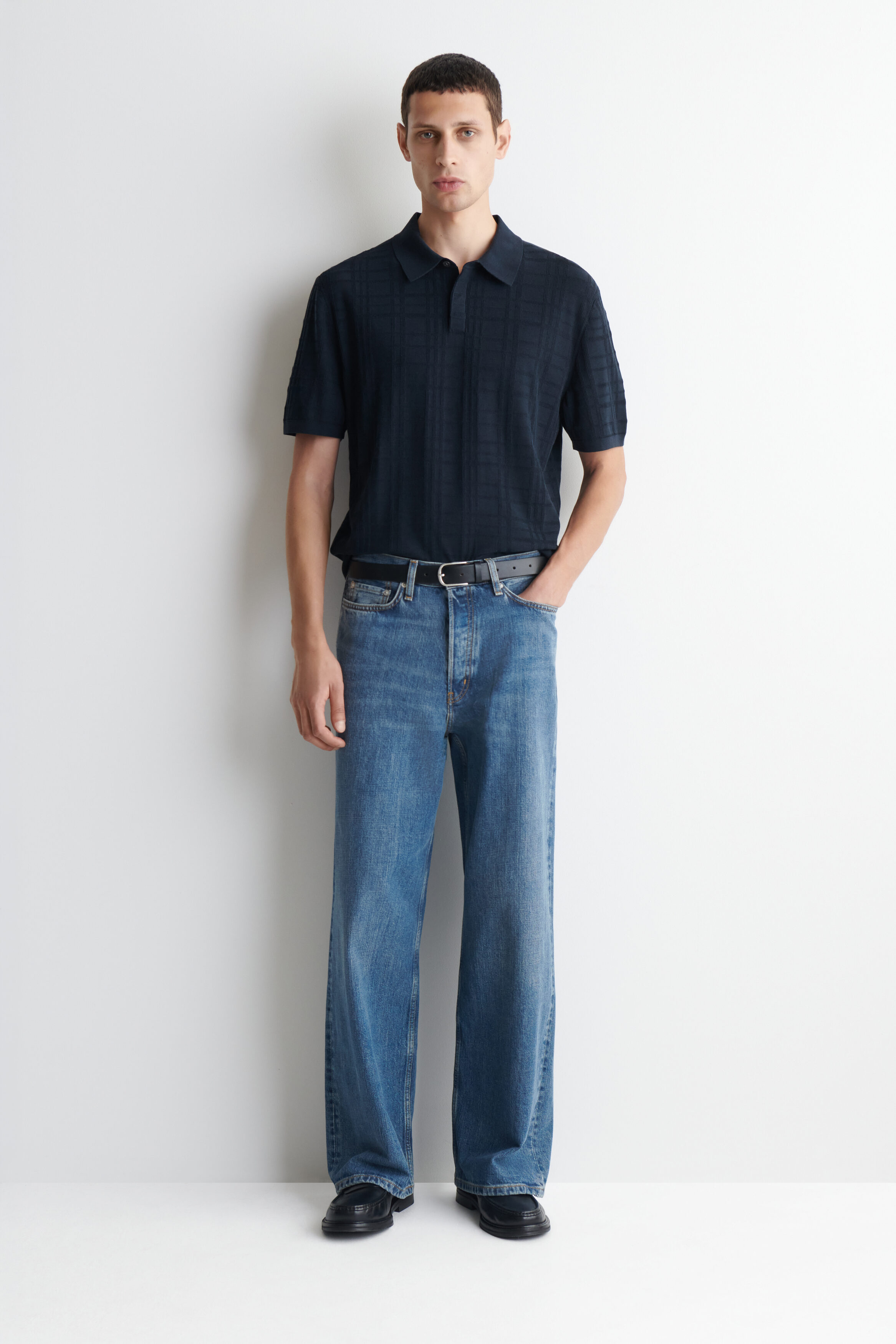 CHECKED JACQUARD-KNIT POLO SHIRT - NAVY / CHECKED