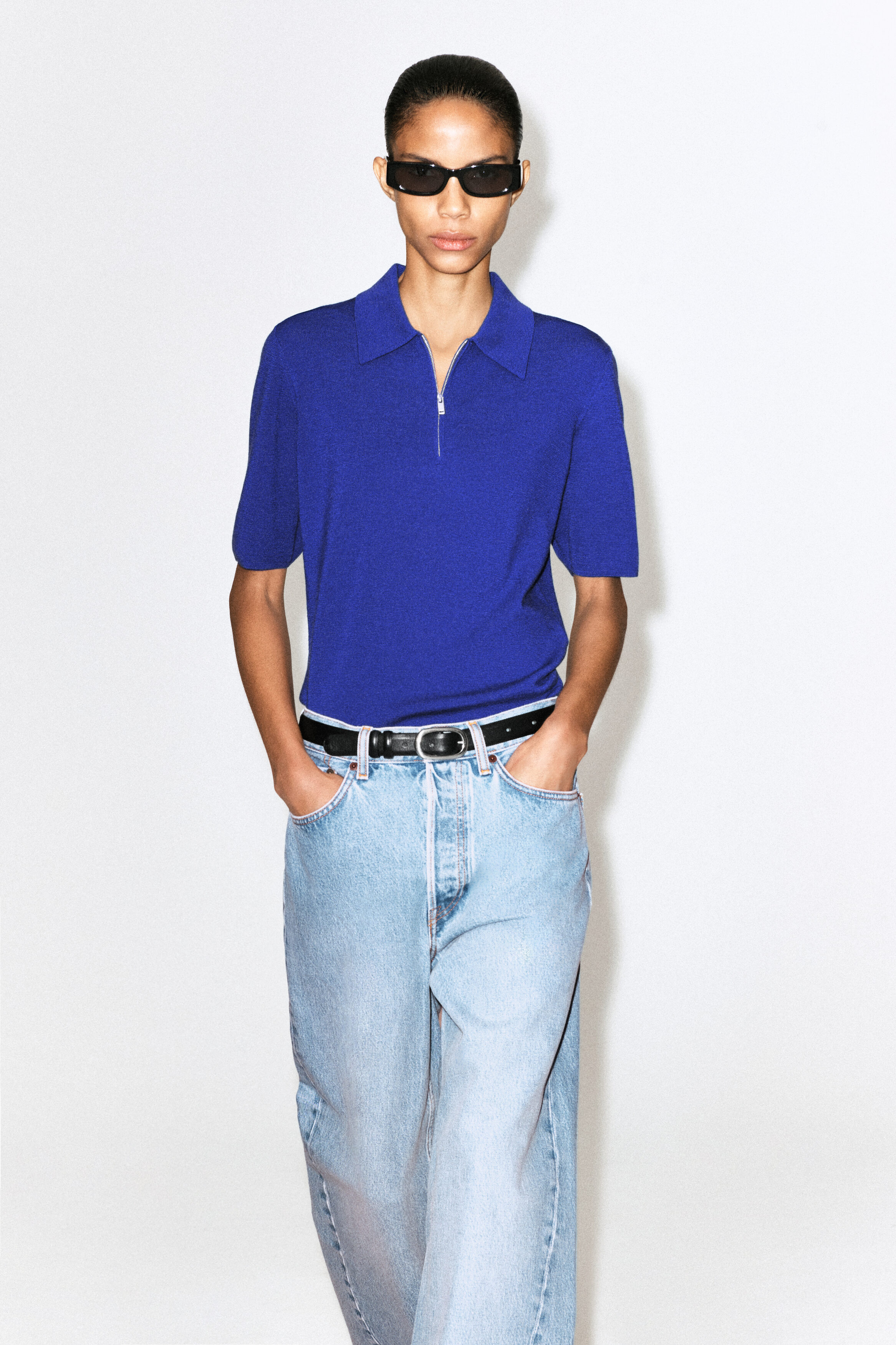 MERINO WOOL ZIP-UP POLO SHIRT - COBALT BLUE