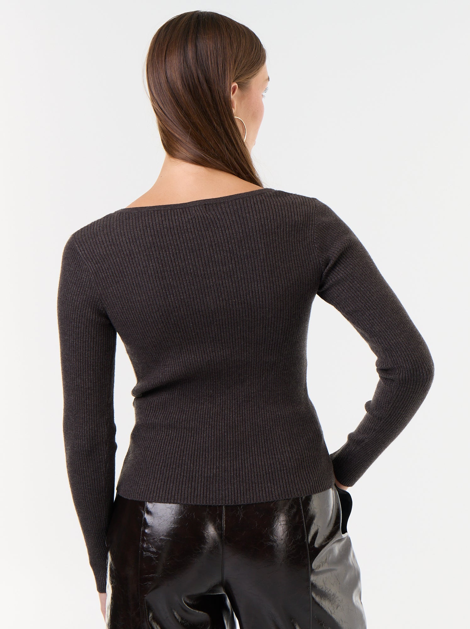 Pull côtelé avec col V avec dentelle - Gris - 4