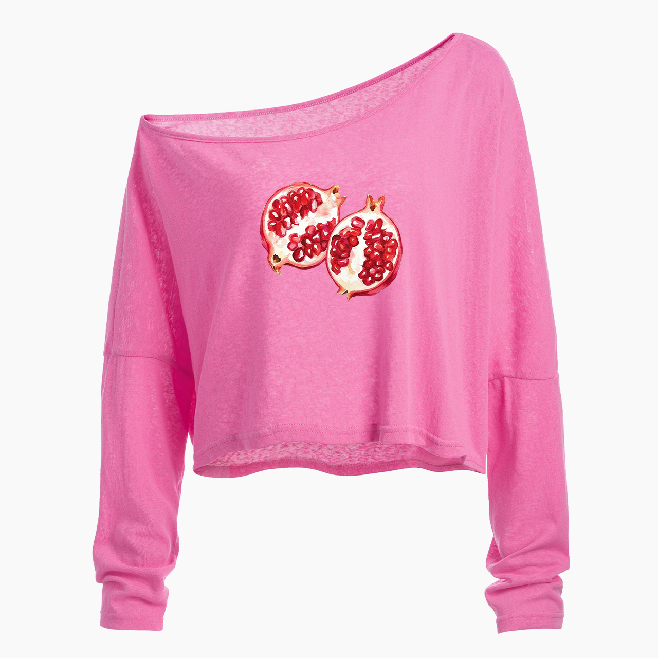 Watercolor Pomegranate Off Shoulder Long Sleeve Crop Top