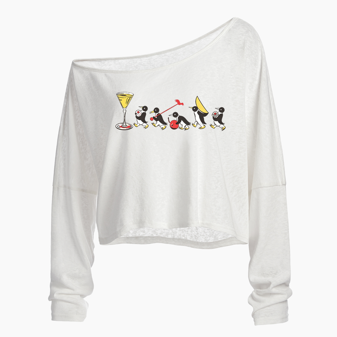 Vintage Cocktail Penguin Off Shoulder Long Sleeve Crop Top