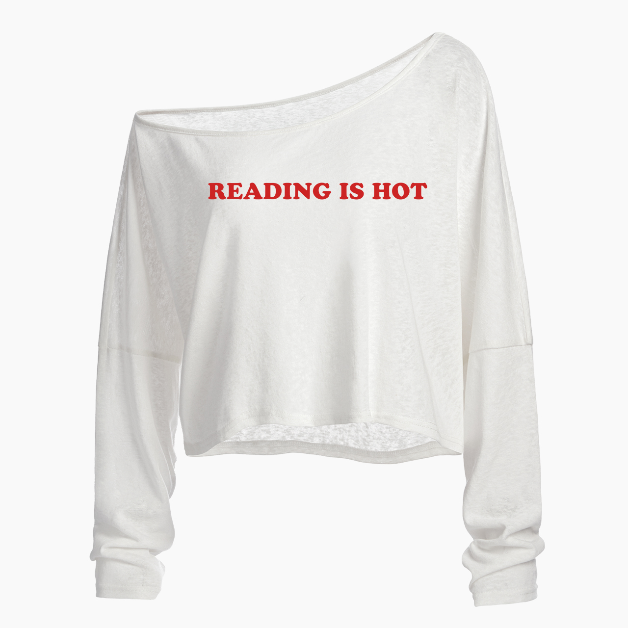 Reading Is Hot Off Shoulder Long Sleeve Crop Top