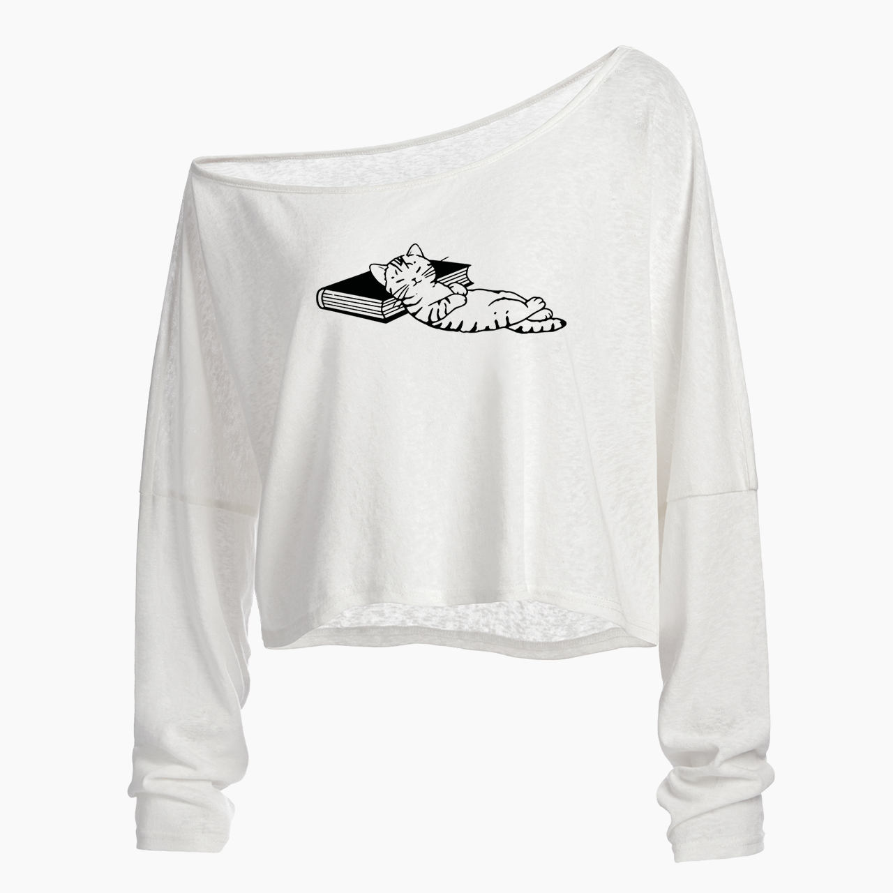 Cute Literary Cat Off Shoulder Long Sleeve Crop Top