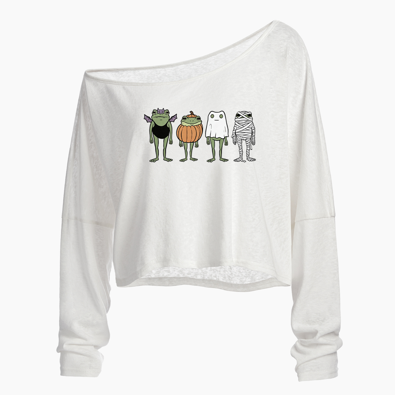 Trick or Treat Frogs Off Shoulder Long Sleeve Crop Top